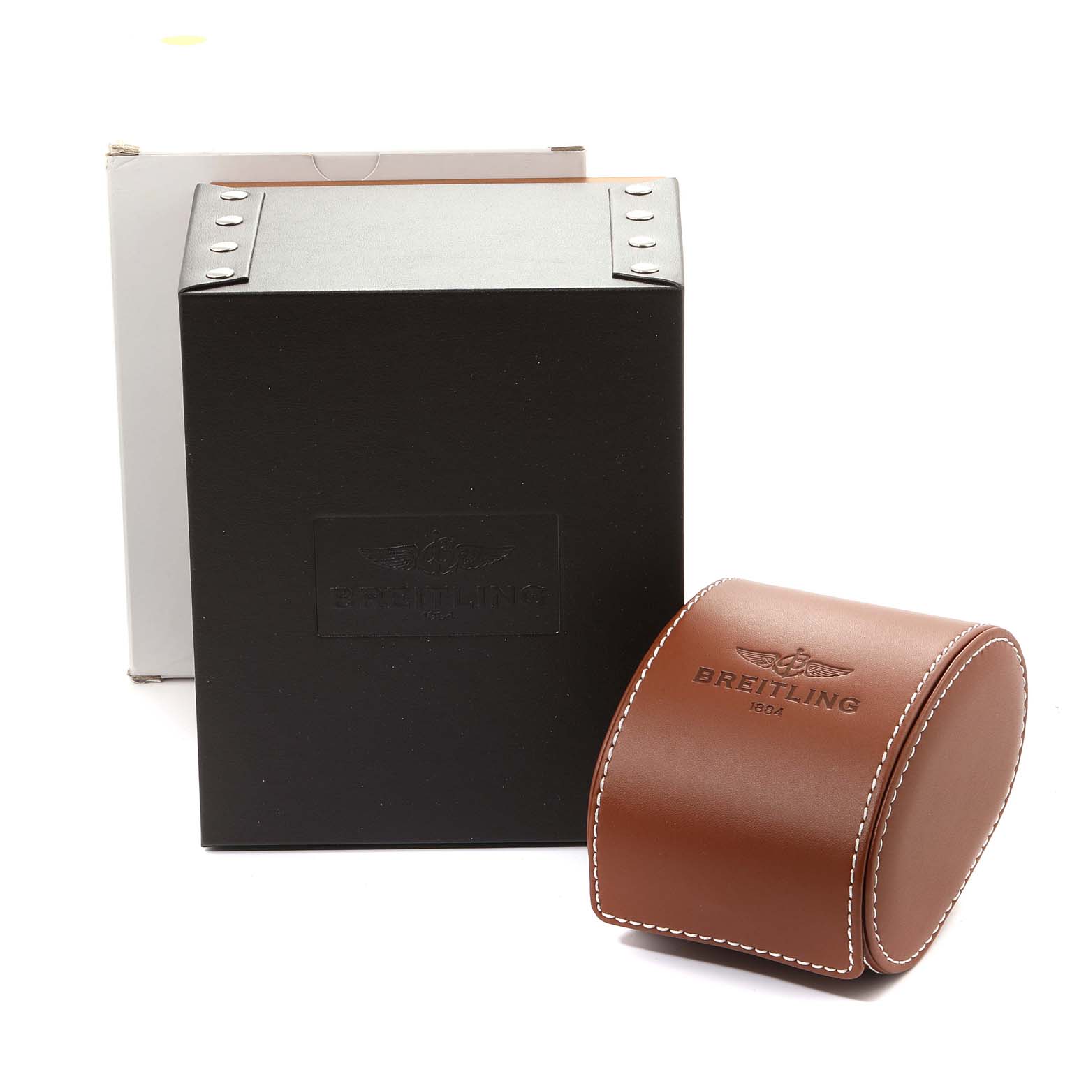 The image shows the packaging and brown leather case for the Breitling Bentley A13362 Men
s Stainless Steel Mother of Pearl Dial A13362 Men
s Stainless Steel Mother of Pearl Dial model watch, viewed at an angled front perspective.