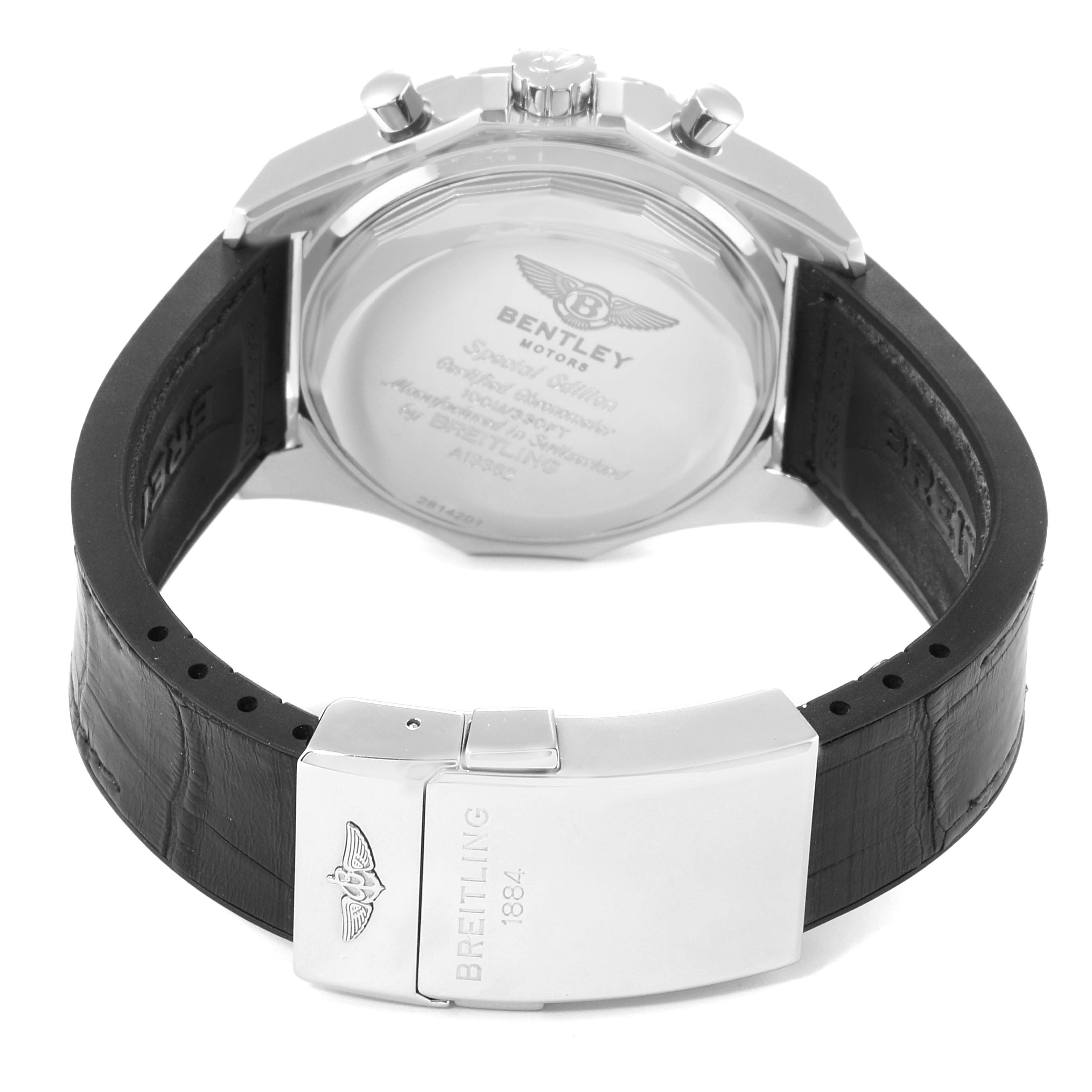 The image shows the back view of a Breitling Bentley A13362 Men
s Stainless Steel Mother of Pearl Dial A13362 Men
s Stainless Steel Mother of Pearl Dial model watch, highlighting the case back and clasp.