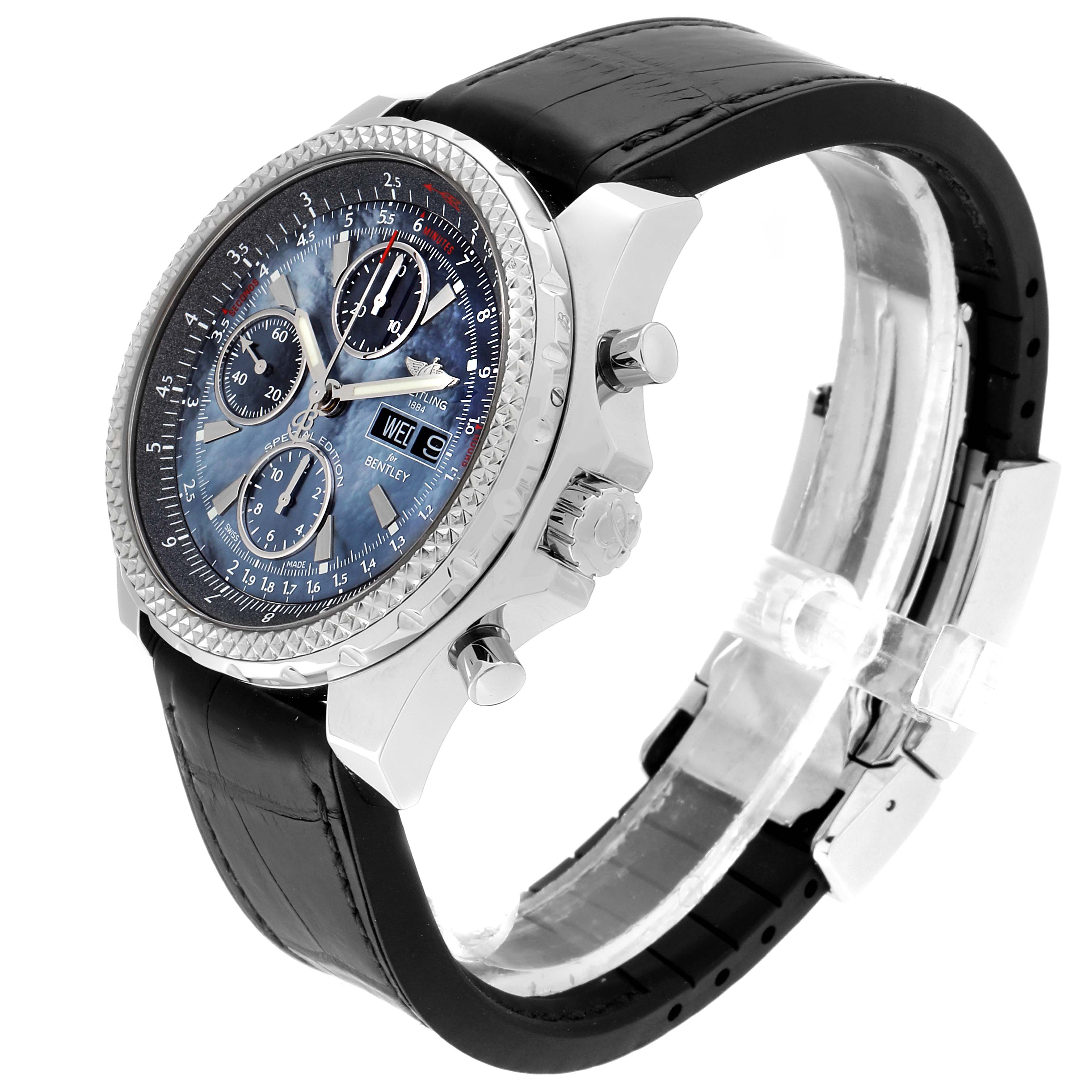 The image shows a Breitling Bentley A13362 Men
s Stainless Steel Mother of Pearl Dial A13362 Men
s Stainless Steel Mother of Pearl Dial watch at a three-quarter angle, highlighting its face, side buttons, and black strap.