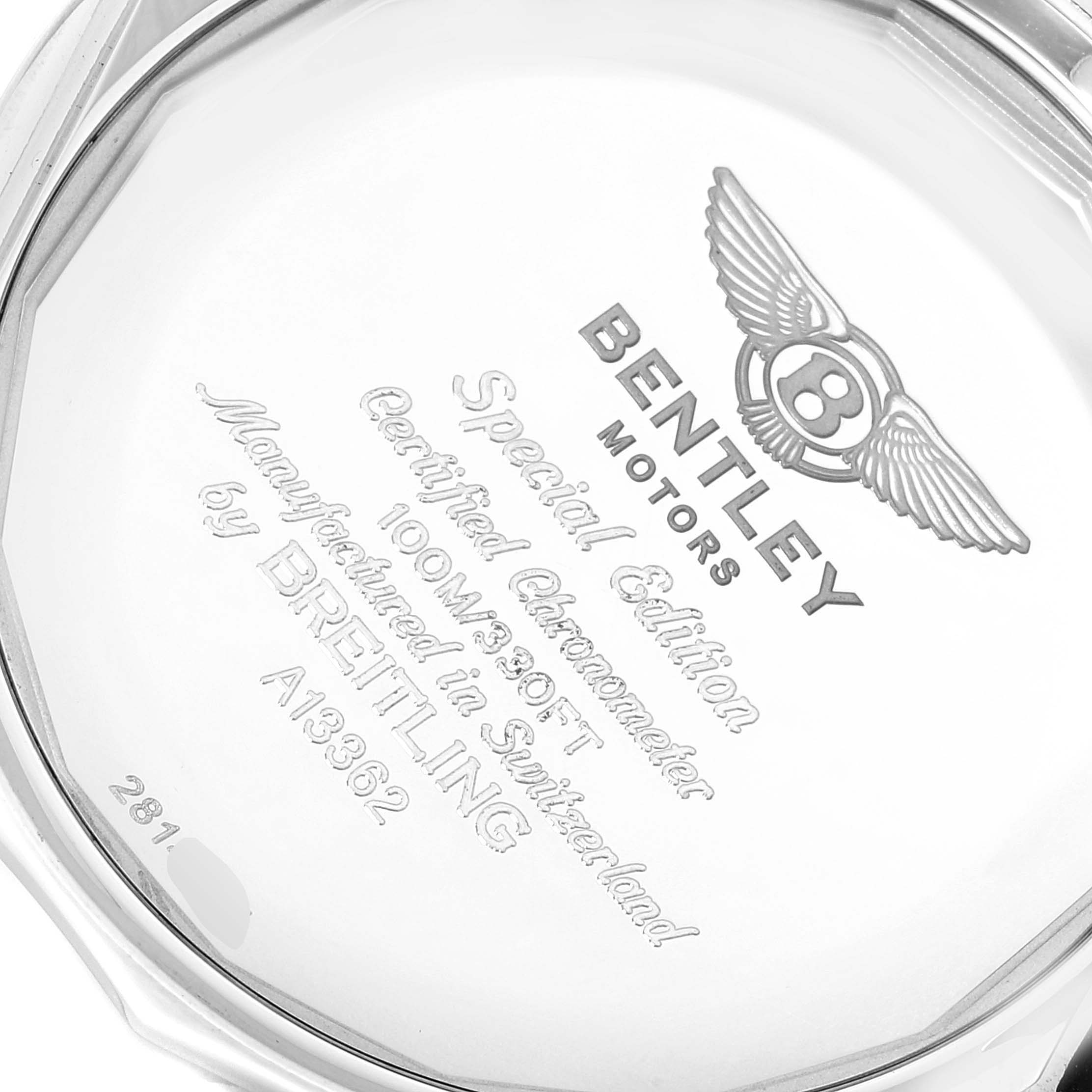This image shows the back case of a Breitling Bentley A13362 Men
s Stainless Steel Mother of Pearl Dial A13362 Men
s Stainless Steel Mother of Pearl Dial watch, displaying branding and specifications.