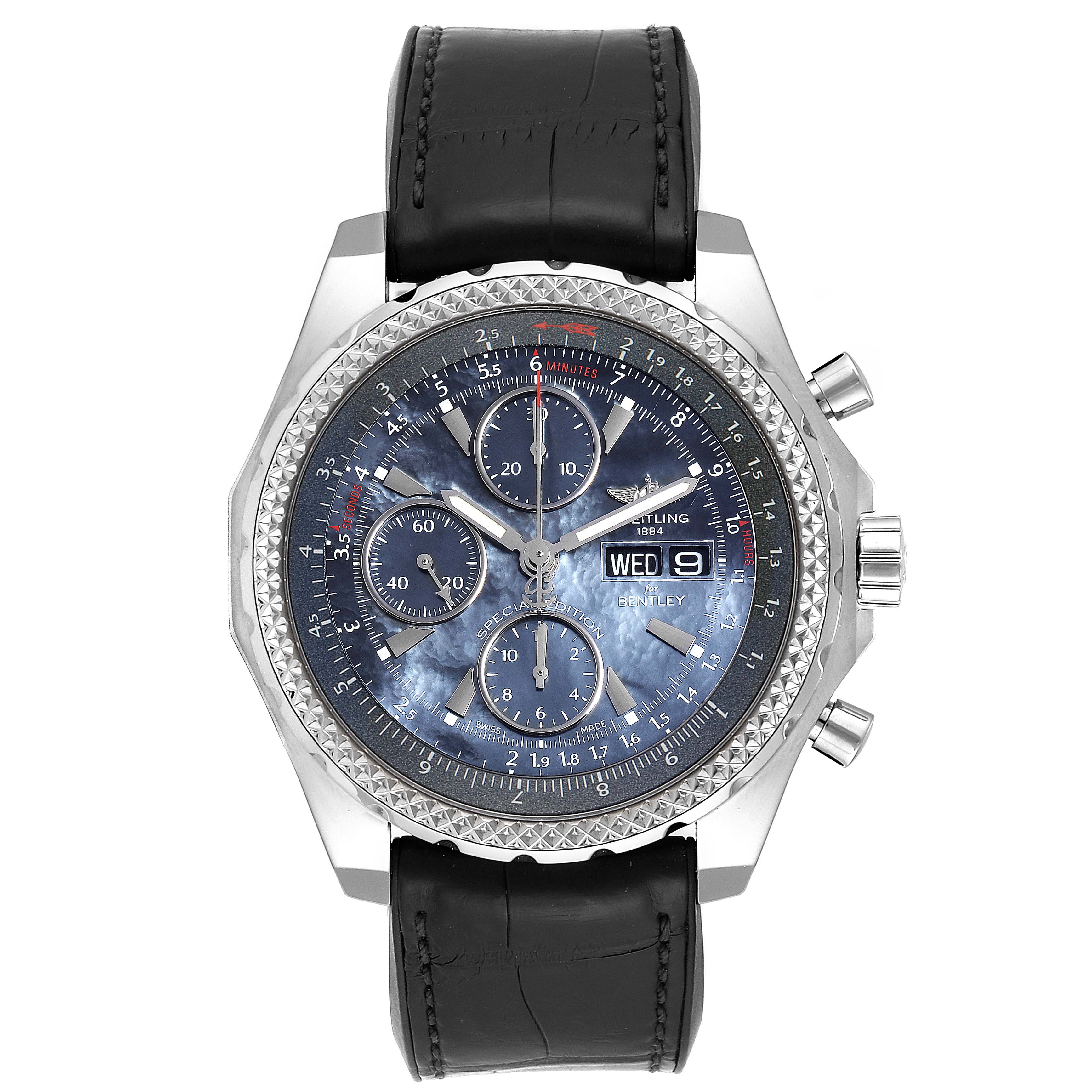 This image shows a front view of a Breitling Bentley A13362 Men
s Stainless Steel Mother of Pearl Dial A13362 Men
s Stainless Steel Mother of Pearl Dial watch with a black leather strap, silver casing, and detailed blue dial.