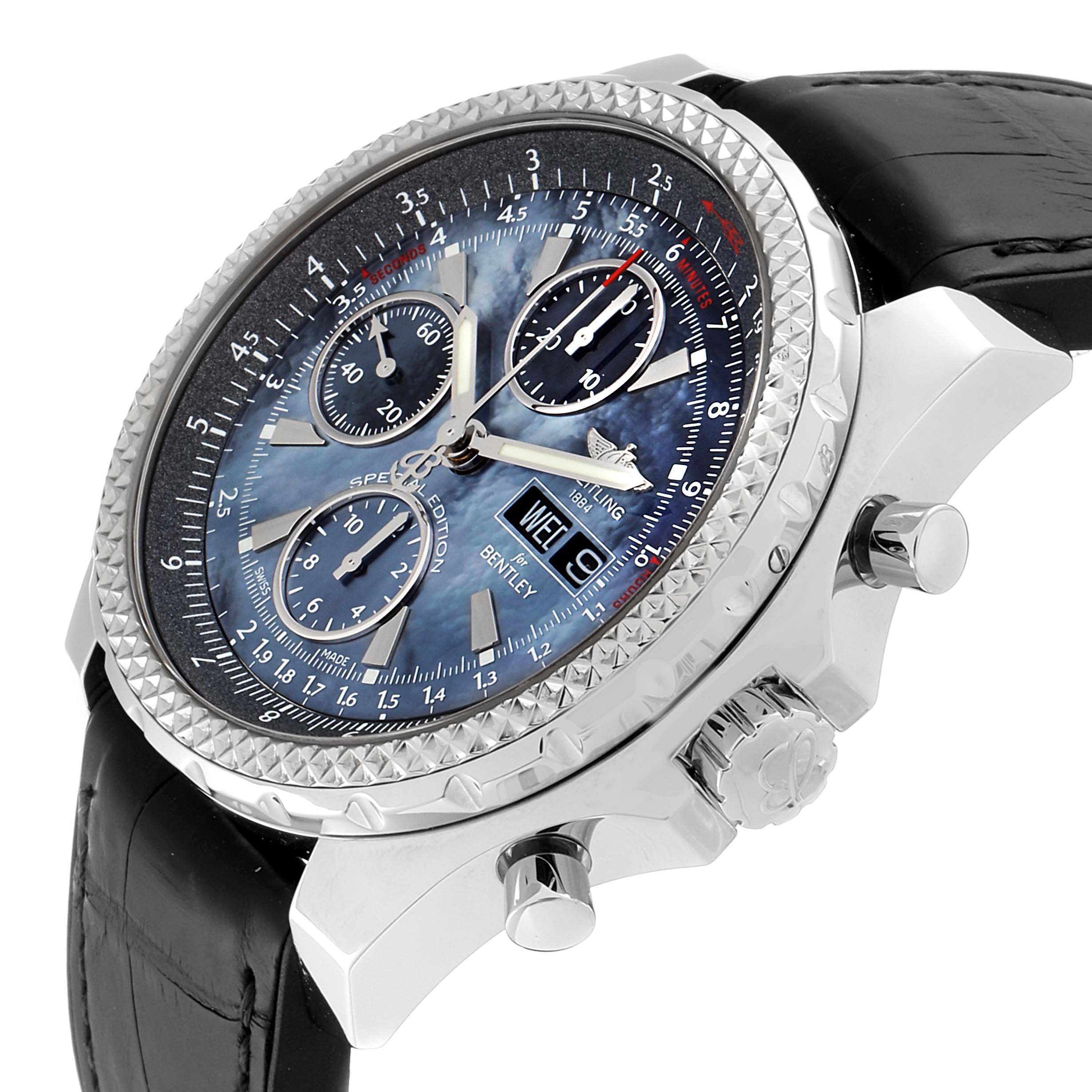 The Breitling Bentley A13362 Men
s Stainless Steel Mother of Pearl Dial A13362 Men
s Stainless Steel Mother of Pearl Dial model watch is shown at an oblique angle, highlighting the bezel, dial, crown, and pushers with a leather strap.