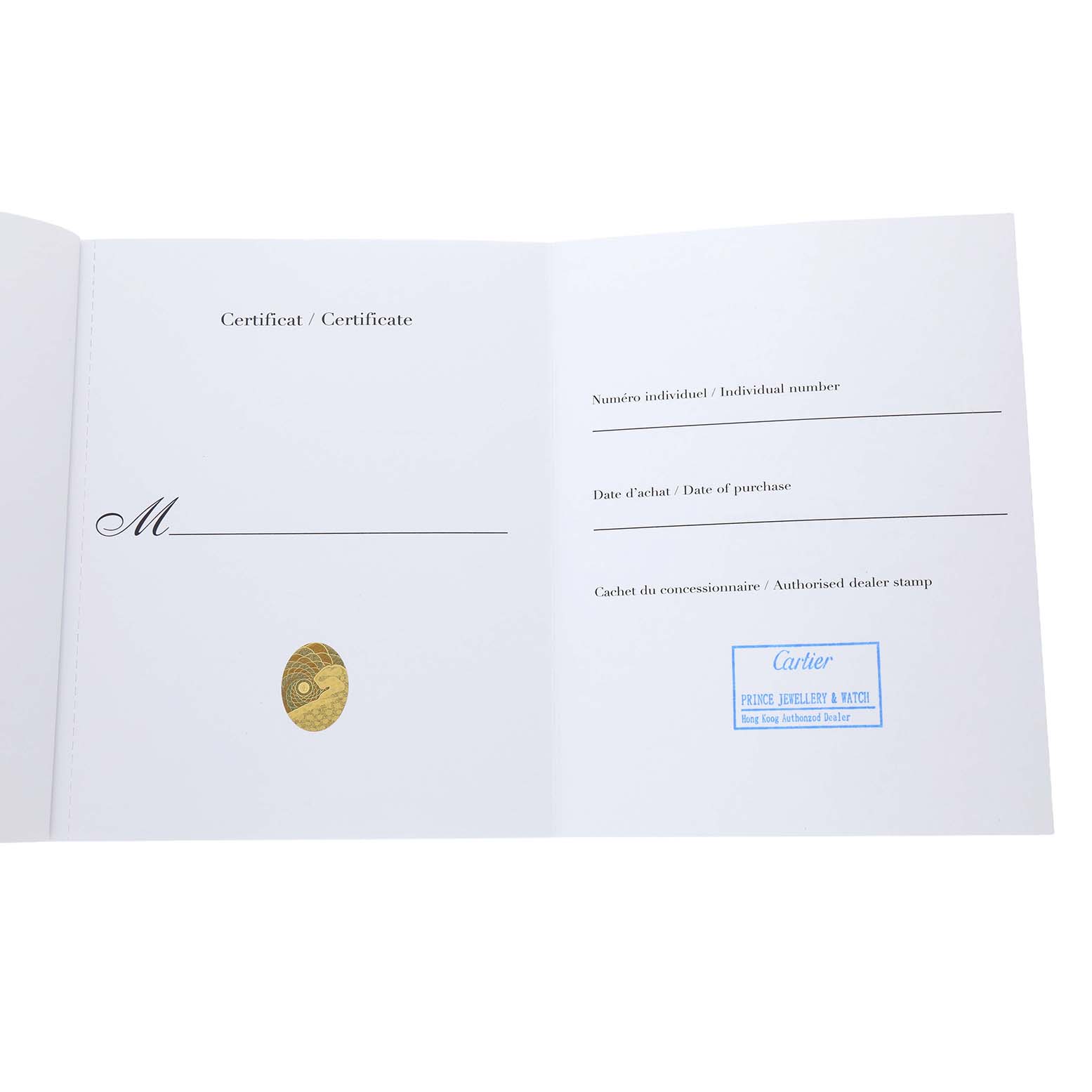 The image shows a certificate for the Cartier Ballon Bleu WE9002Z3 Women's Rose Gold Silver Dial watch, with fields for information and a dealer stamp.
