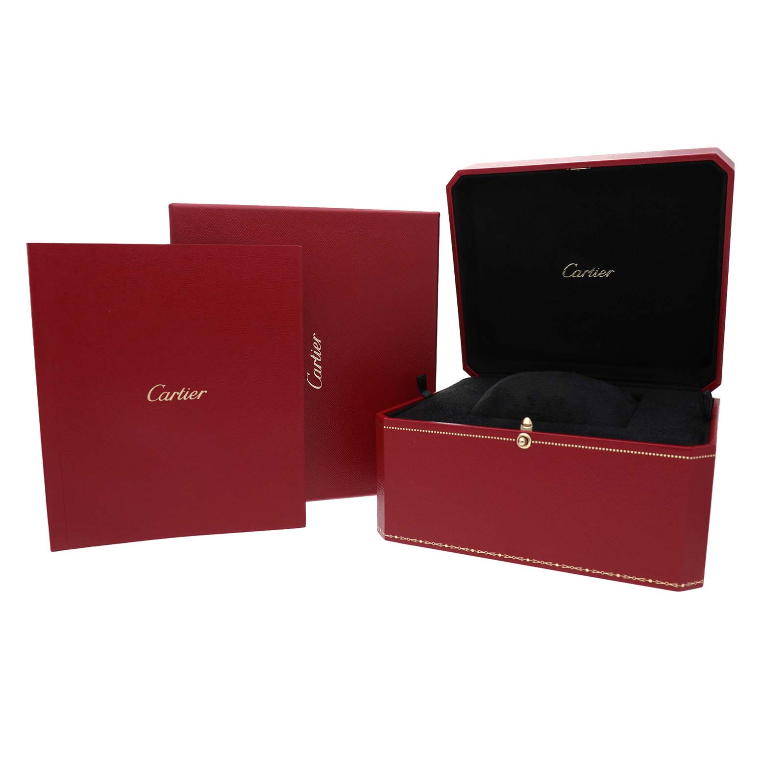 The image shows the Cartier Ballon Bleu WE9002Z3 Women's Rose Gold Silver Dial packaging including a red watch box and accompanying booklet in an open position.