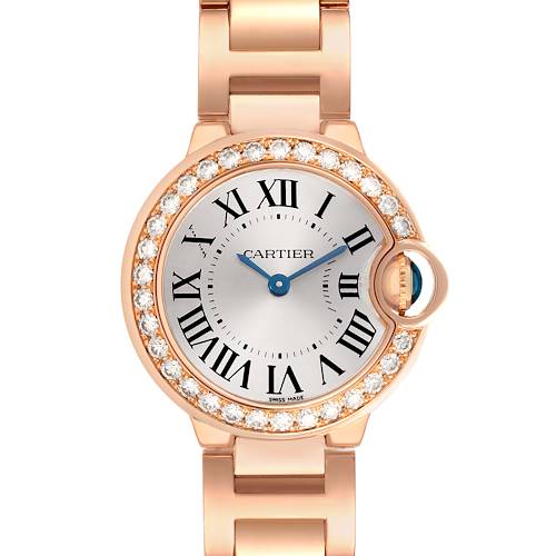 The Cartier Ballon Bleu WE9002Z3 Women's Rose Gold Silver Dial watch is shown from a top-down angle, highlighting its face, Roman numerals, and diamond-set bezel.