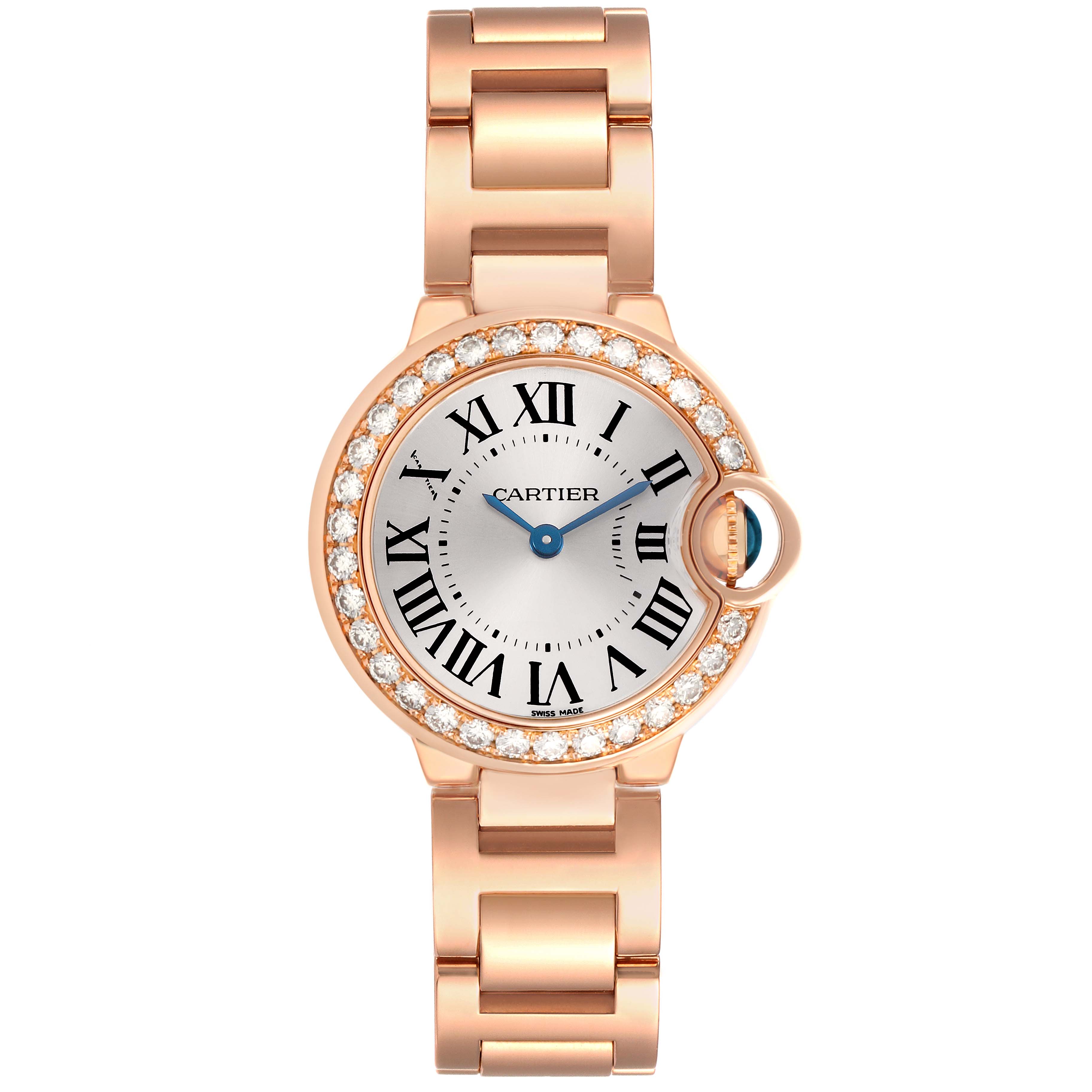 The Cartier Ballon Bleu WE9002Z3 Women's Rose Gold Silver Dial watch is shown from the front, highlighting its face, Roman numerals, and bracelet.