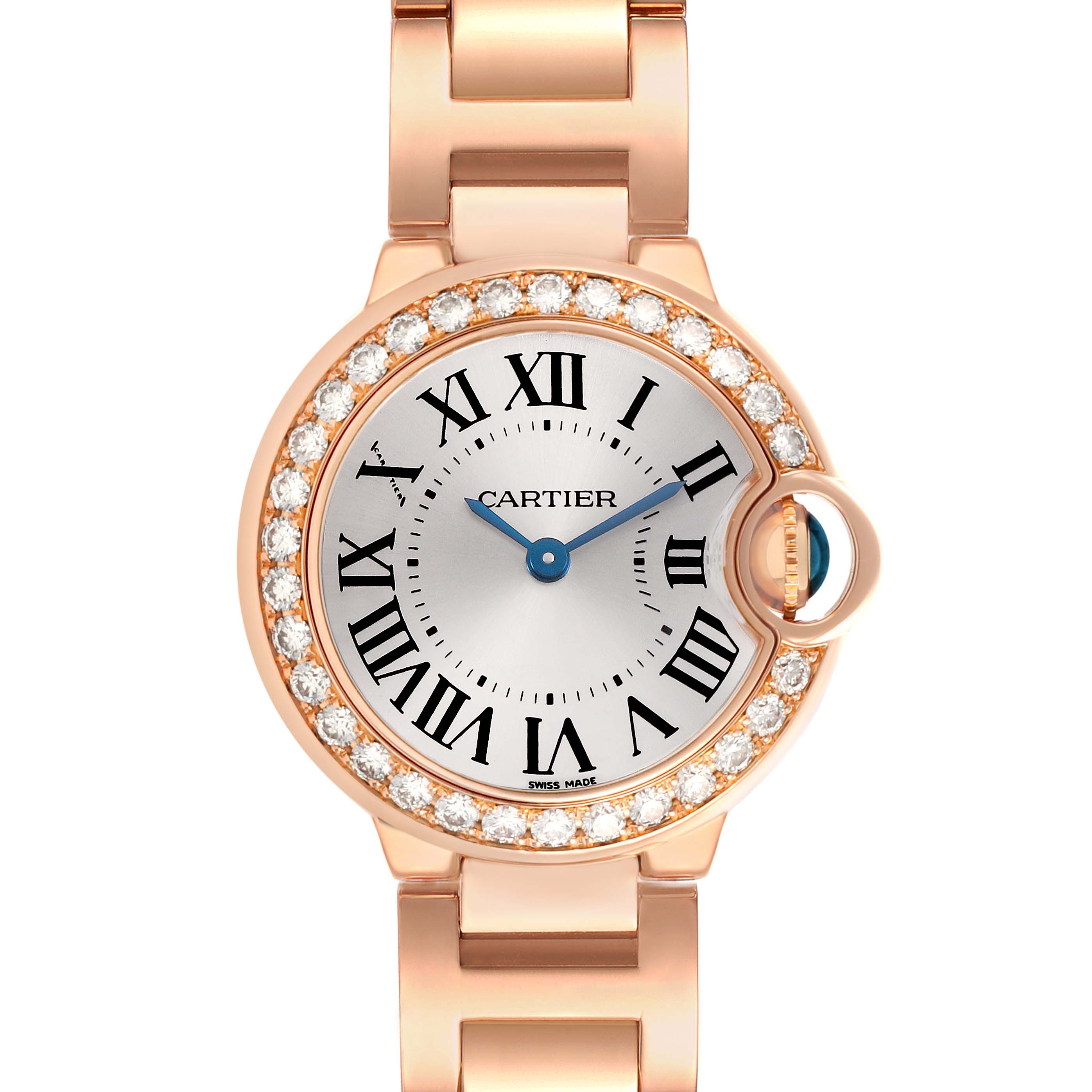 The Cartier Ballon Bleu WE9002Z3 Women's Rose Gold Silver Dial watch is shown from the front, highlighting its diamond bezel and round face with Roman numerals.