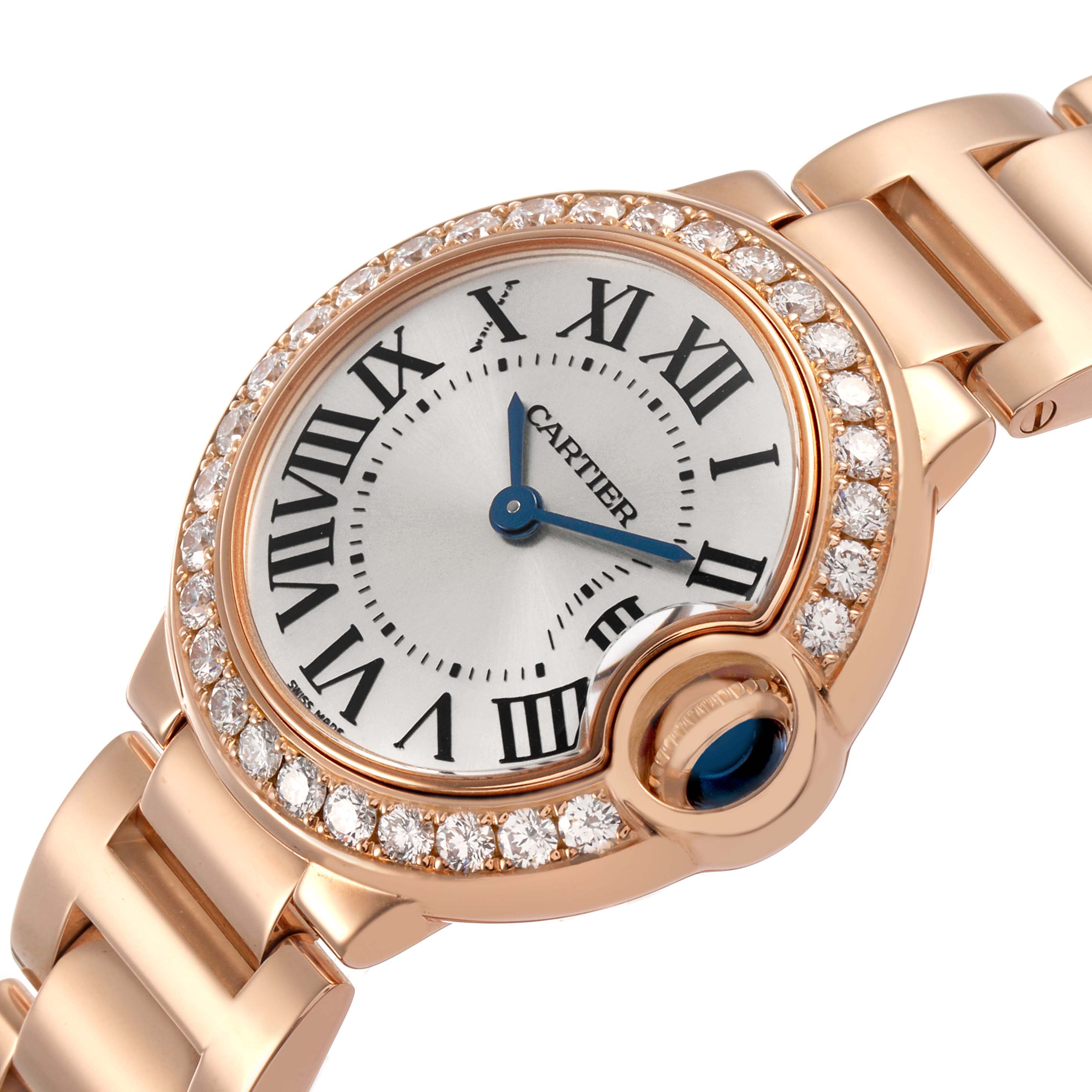 This Cartier Ballon Bleu WE9002Z3 Women's Rose Gold Silver Dial watch is shown at an angled view, highlighting its diamond-set bezel, Roman numerals, and metal bracelet.