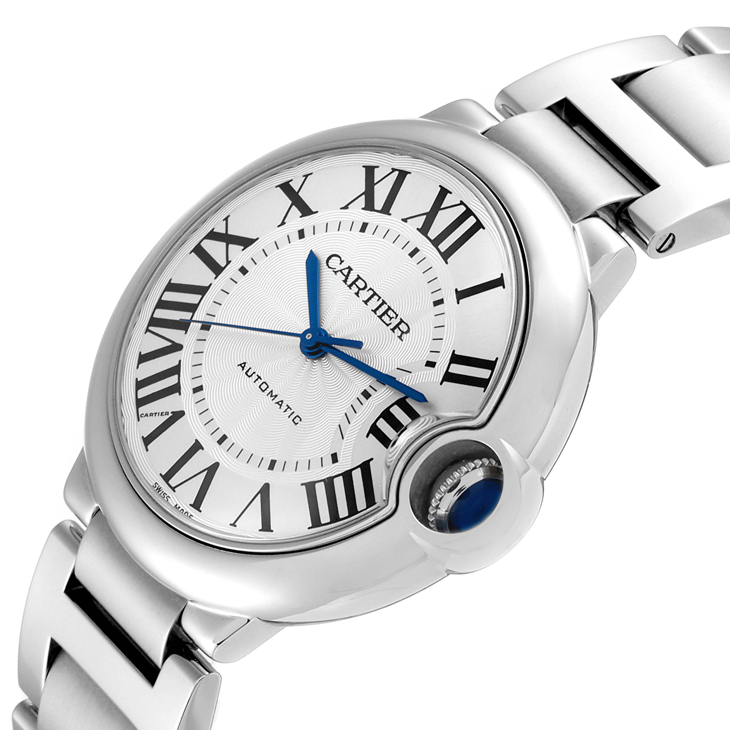 The image shows a close-up angle of the Cartier Ballon Bleu W6920046 Women's Stainless Steel Silver Dial W6920046 Women's Stainless Steel Silver Dial watch, displaying the dial, hands, bracelet, and crown.