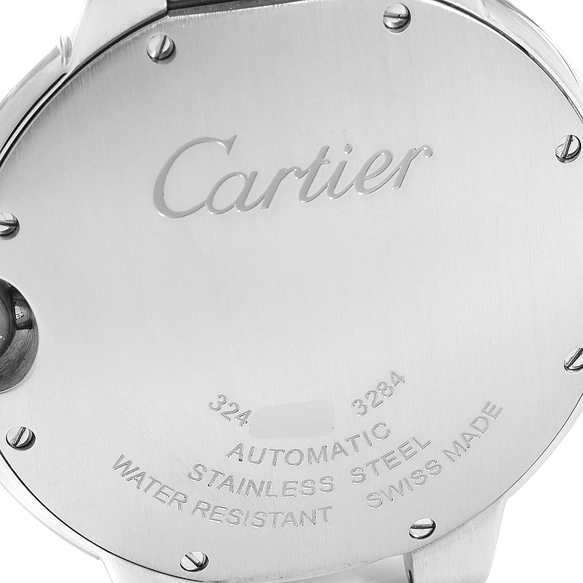 This image shows the back of a Cartier Ballon Bleu W6920046 Women's Stainless Steel Silver Dial W6920046 Women's Stainless Steel Silver Dial watch, highlighting its stainless steel case and engravings.