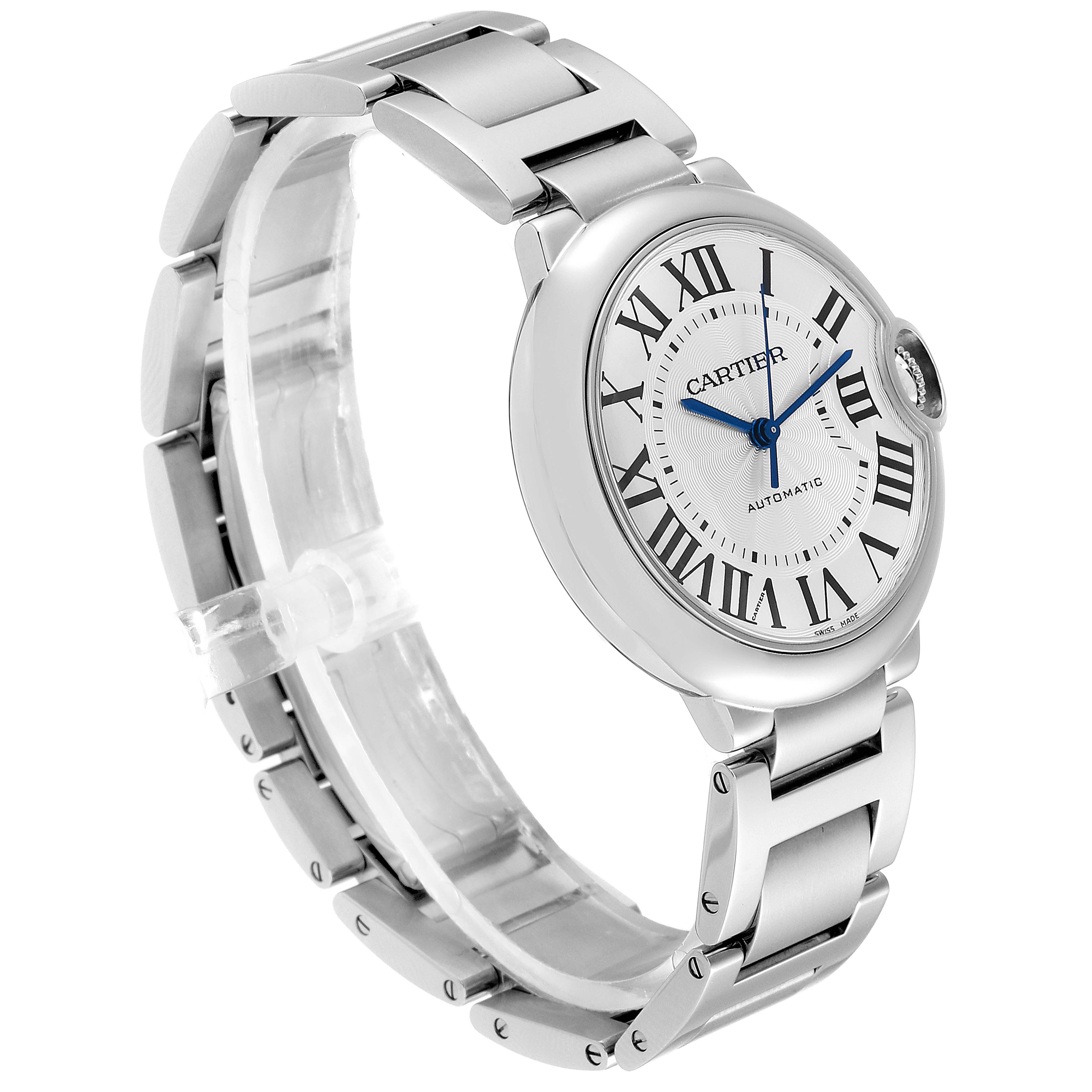 The image shows a side angle of the Ballon Bleu model by Cartier, highlighting the round case, Roman numeral dial, and metal bracelet.
