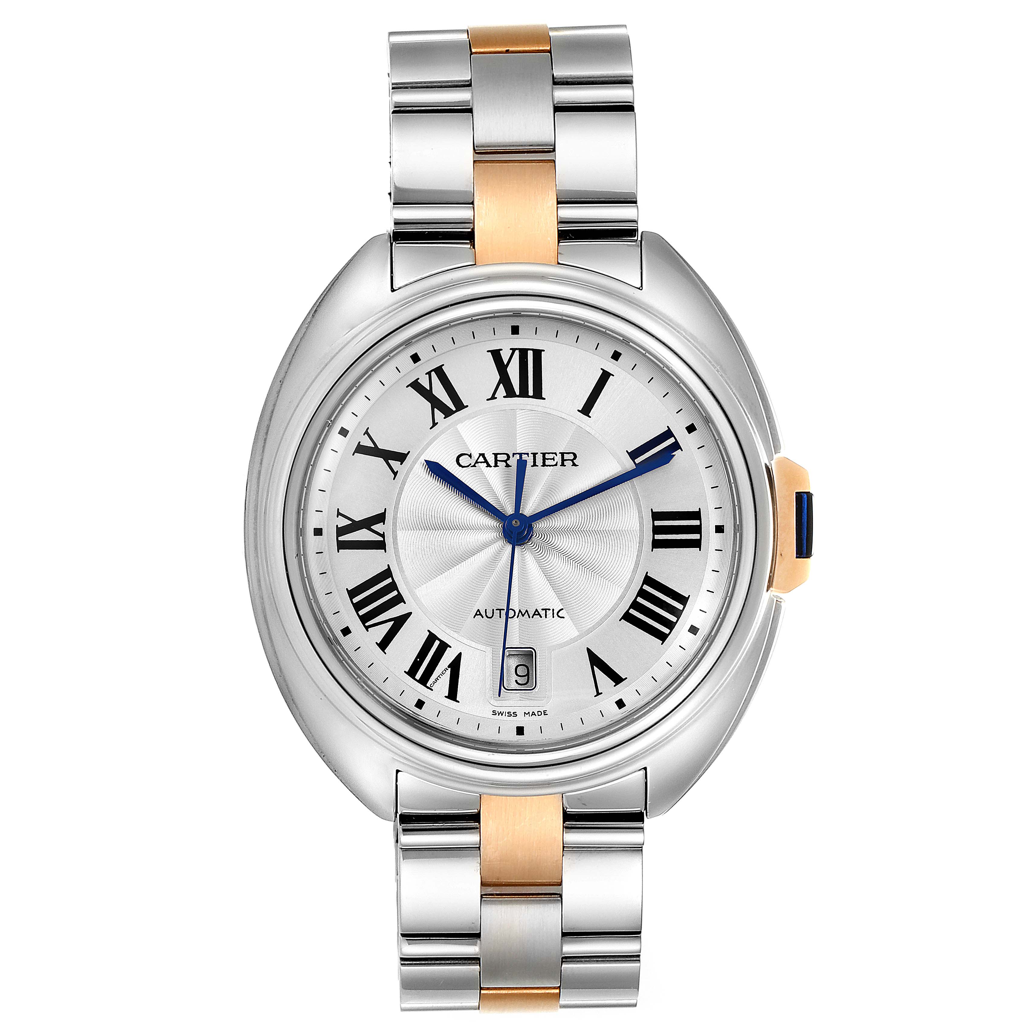 The Cartier Clé watch is shown from a front angle, displaying its dial, bracelet, and crown.