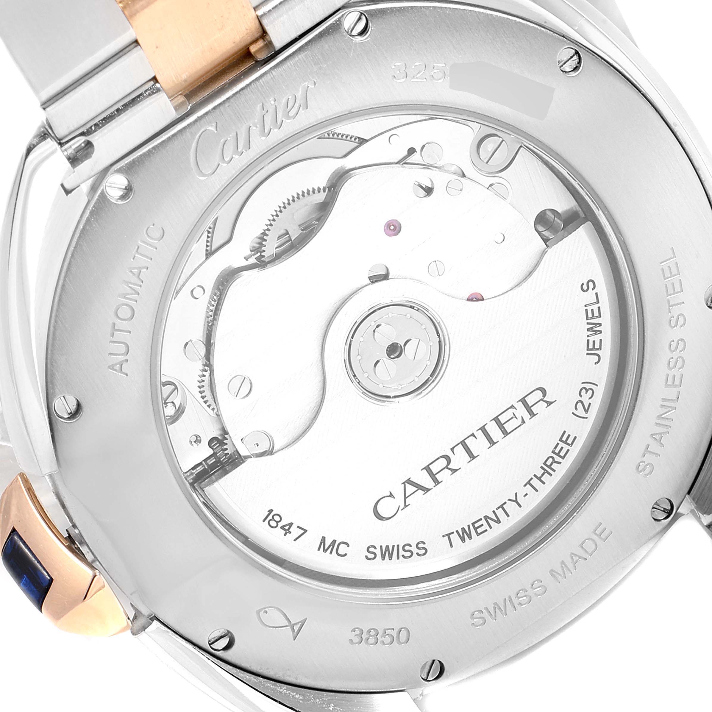 This image shows the back view of the Cartier Clé watch, highlighting its automatic movement and internal mechanisms.