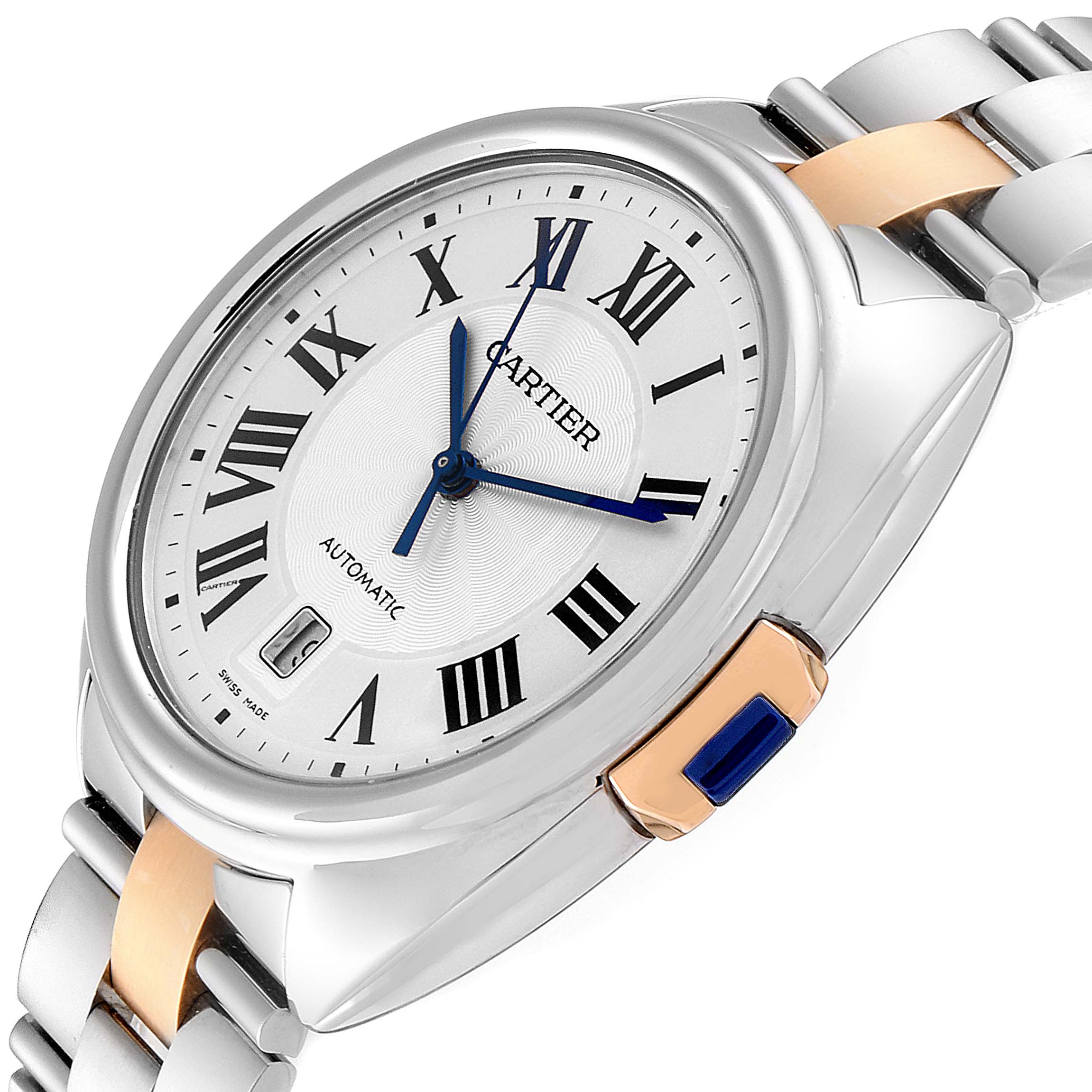 The image shows a Cle model watch by Cartier at an angled view, highlighting the face, blue hands, and part of the bracelet.