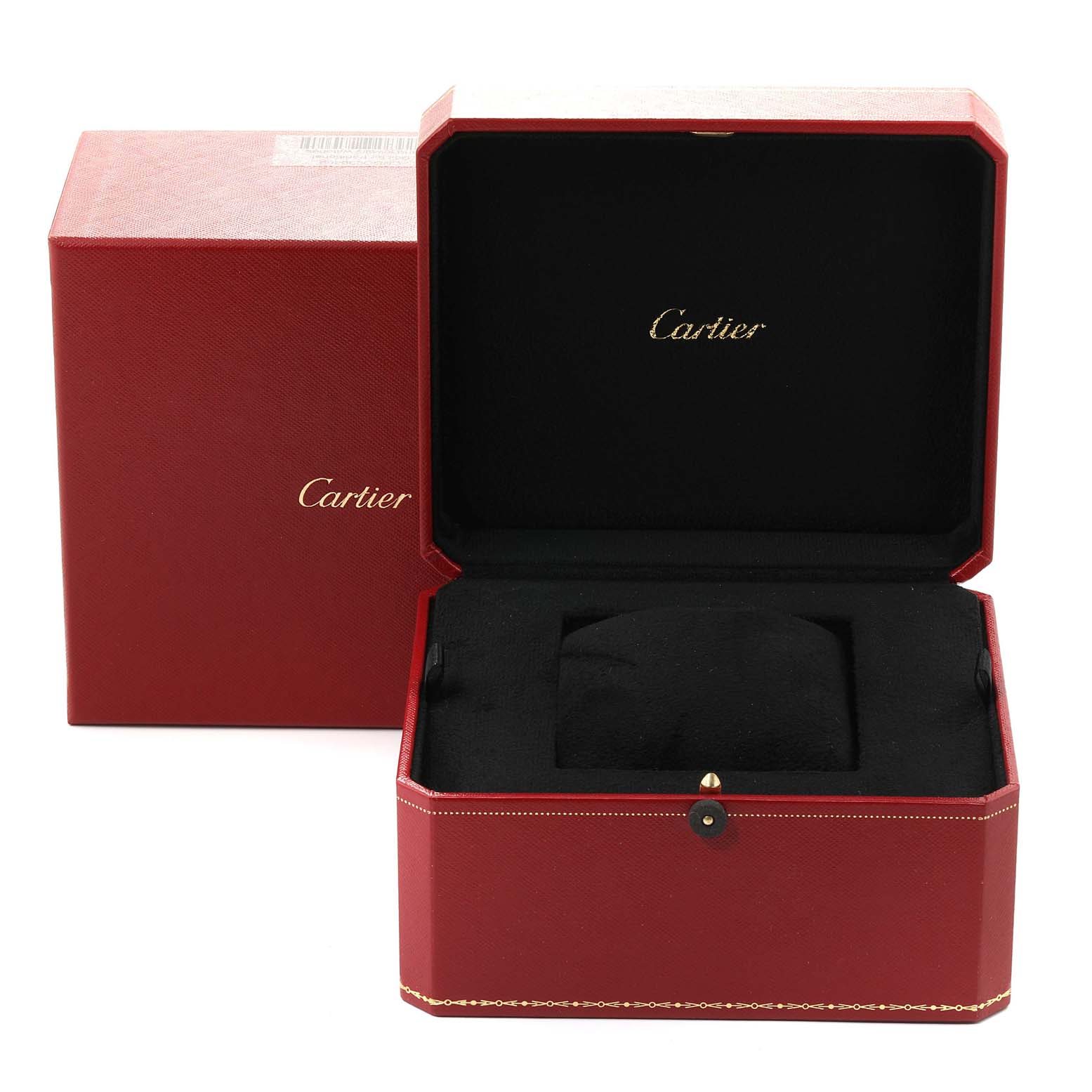 The image shows an open red Cartier watch box for a Cle de Cartier watch, with the brand name displayed inside.