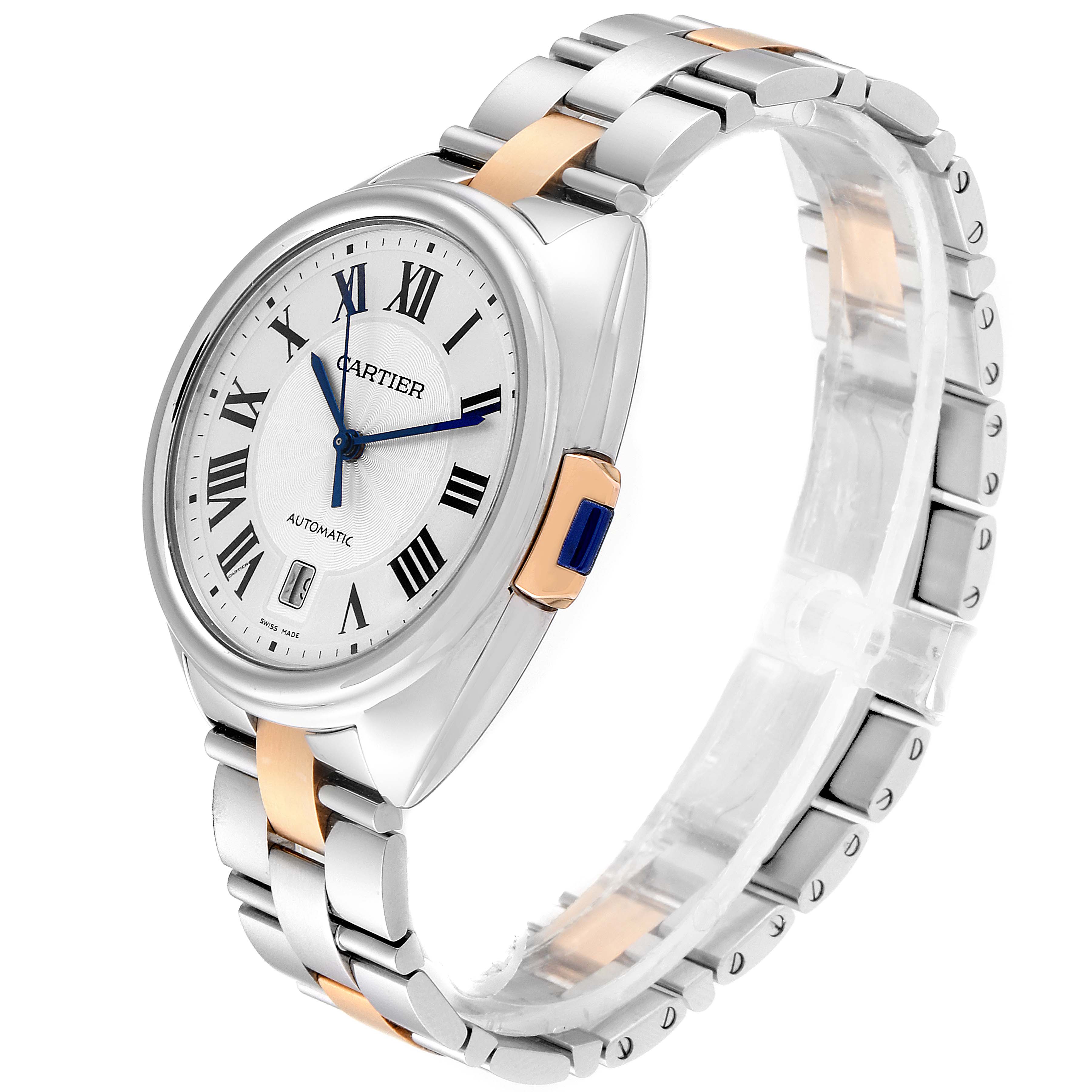 The Cle model by Cartier is shown at a three-quarter angle, highlighting the dial, crown, and two-tone metal bracelet.
