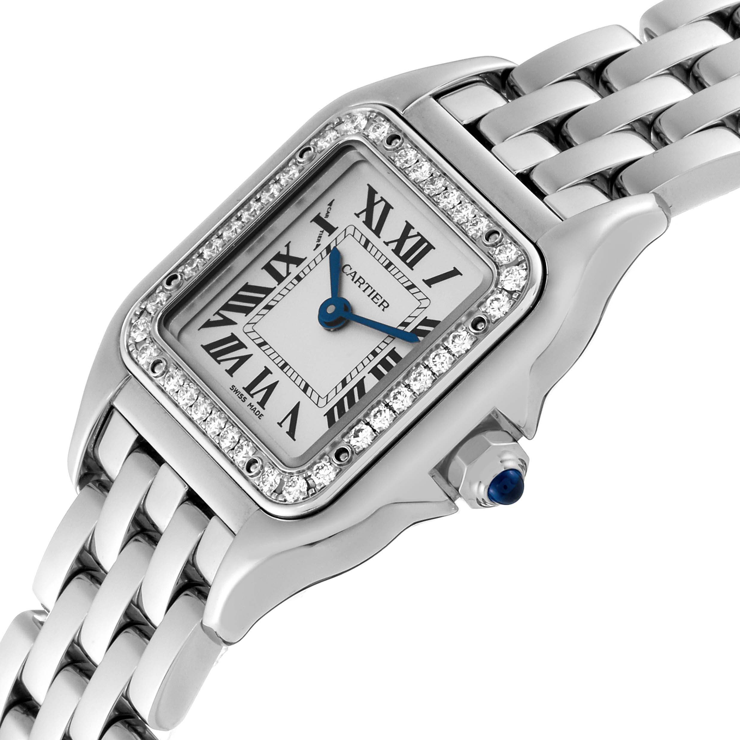 This image shows a close-up angle of a Cartier Panthere W4PN0007 Women's Stainless Steel Silver Dial W4PN0007 Women's Stainless Steel Silver Dial watch, highlighting the face, bezel, and part of the bracelet.