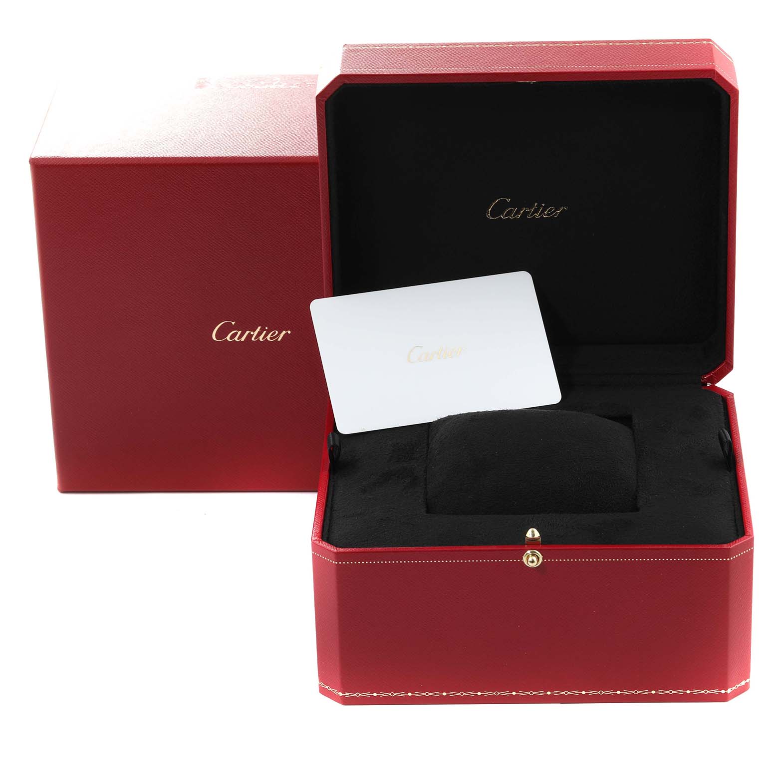 The image shows the packaging accessories of a Cartier Panthere W4PN0007 Women's Stainless Steel Silver Dial W4PN0007 Women's Stainless Steel Silver Dial model watch, including a red box, interior cushion, and card.