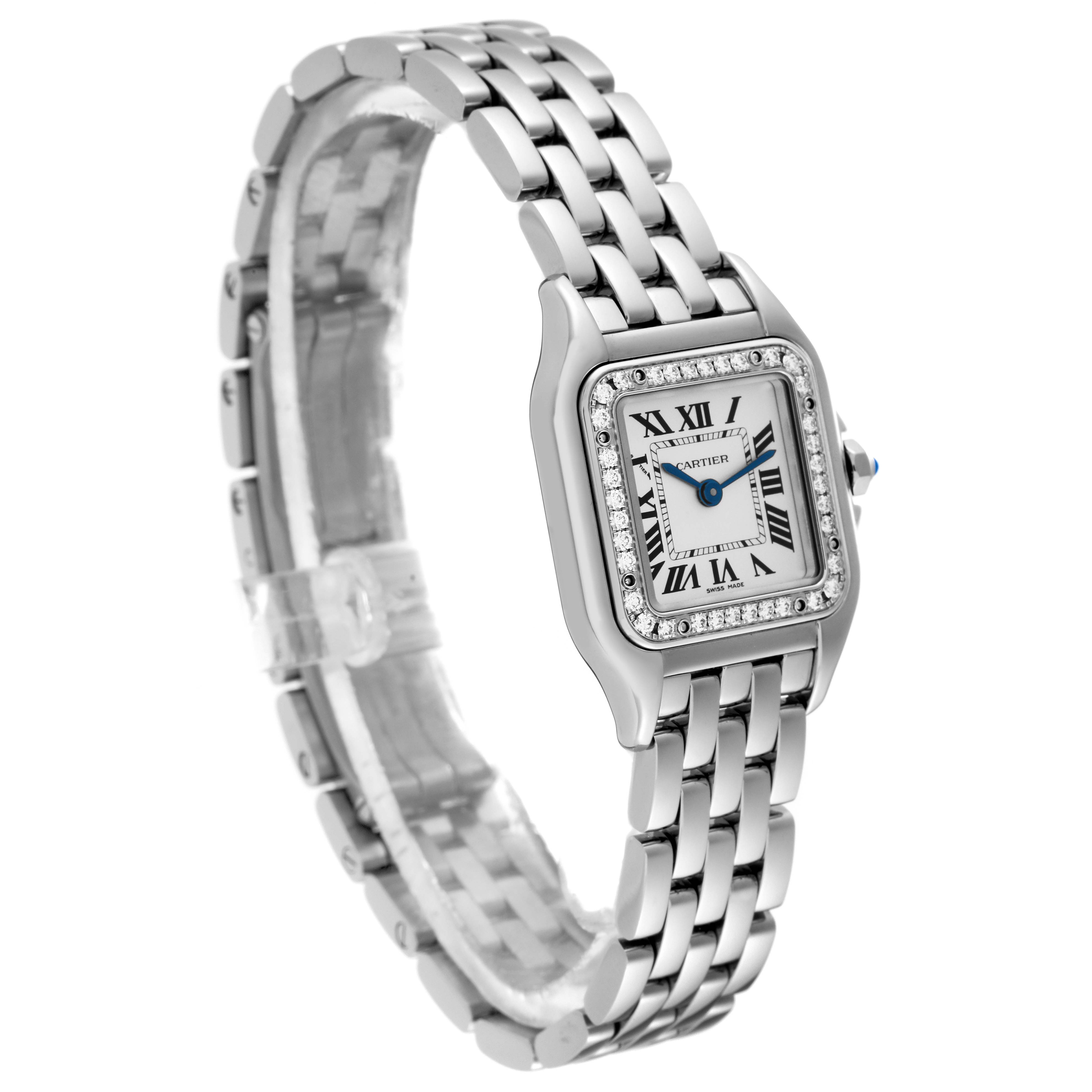 This image shows a Cartier Panthere W4PN0007 Women's Stainless Steel Silver Dial W4PN0007 Women's Stainless Steel Silver Dial watch at a three-quarter angle, highlighting its bracelet, face, and bezel.