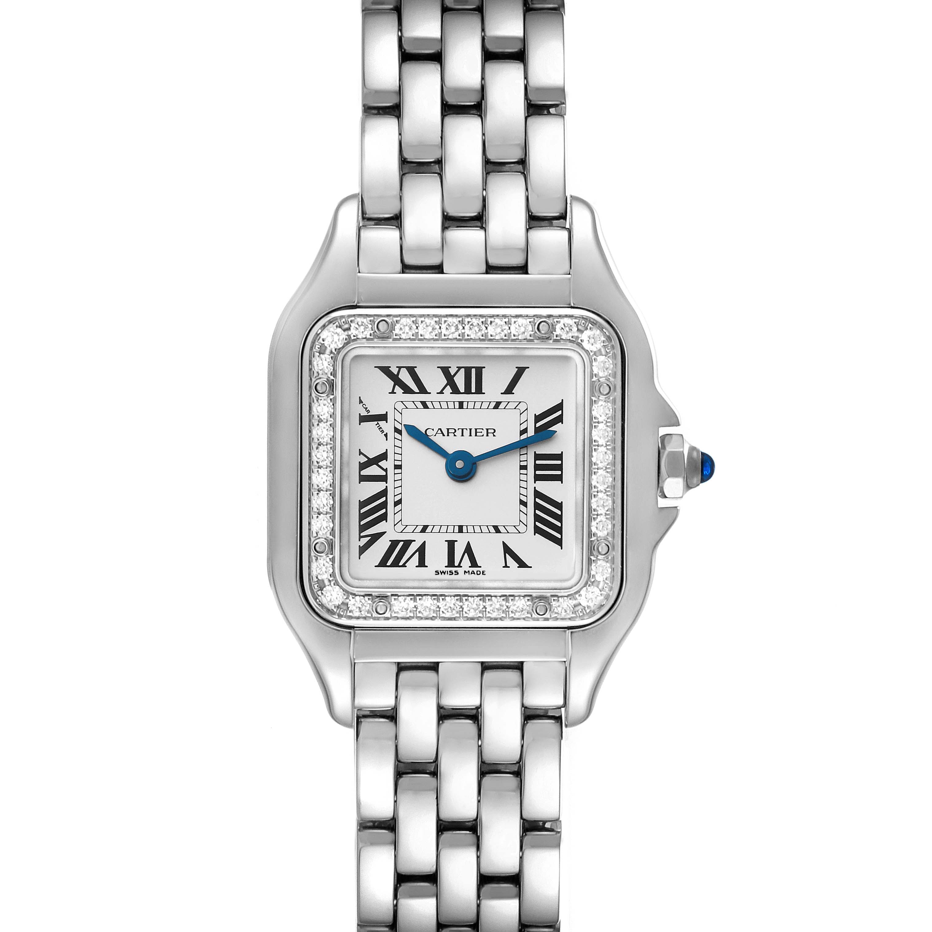 The image shows a front view of a Cartier Panthere W4PN0007 Women's Stainless Steel Silver Dial W4PN0007 Women's Stainless Steel Silver Dial watch, highlighting its face, bezel, and part of the metal bracelet.