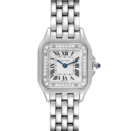 This image shows a front view of the Cartier Panthère watch, highlighting its dial, bezel, and bracelet.