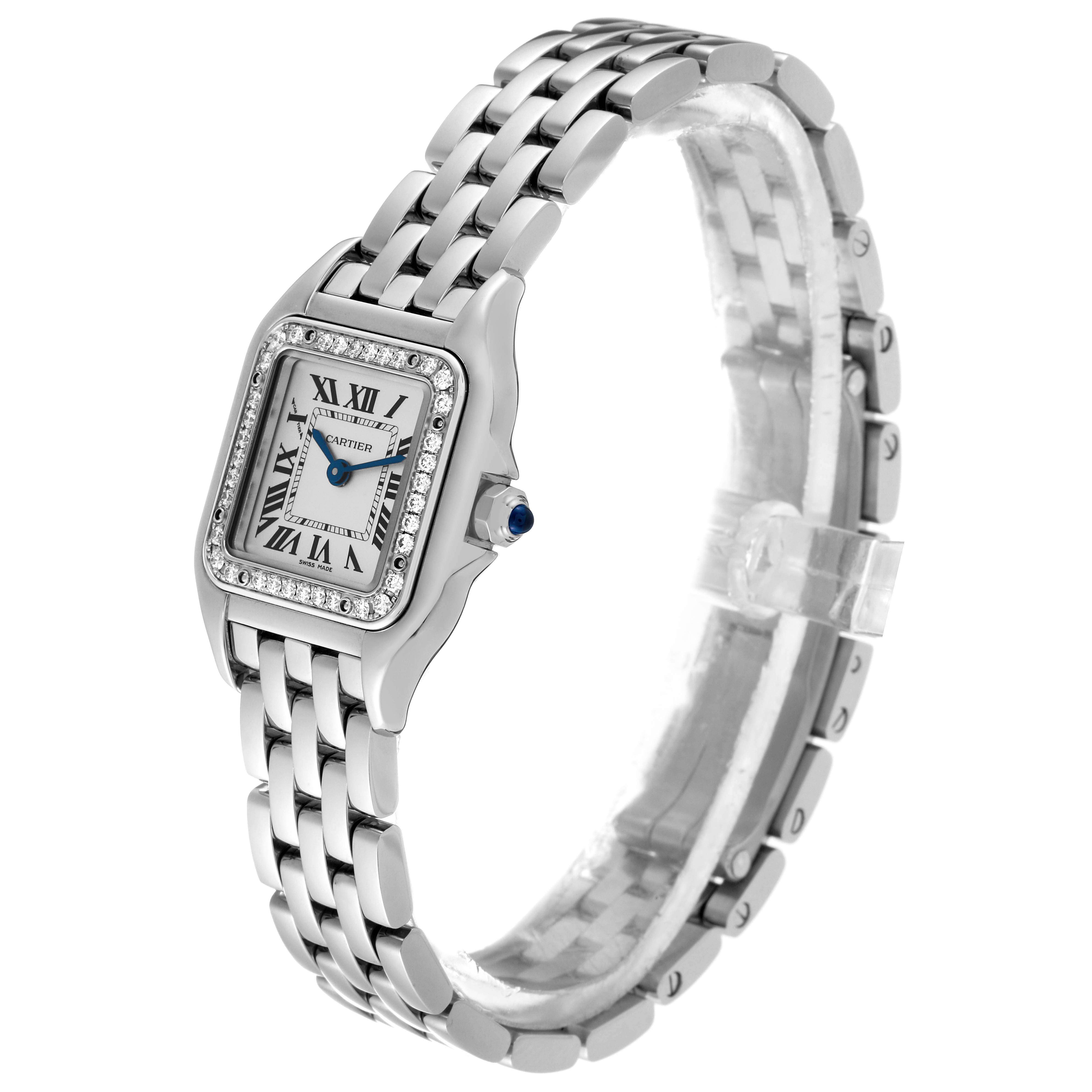 The Cartier Panthere W4PN0007 Women's Stainless Steel Silver Dial W4PN0007 Women's Stainless Steel Silver Dial watch is shown at a three-quarter angle, displaying its face, bezel, and bracelet clearly.