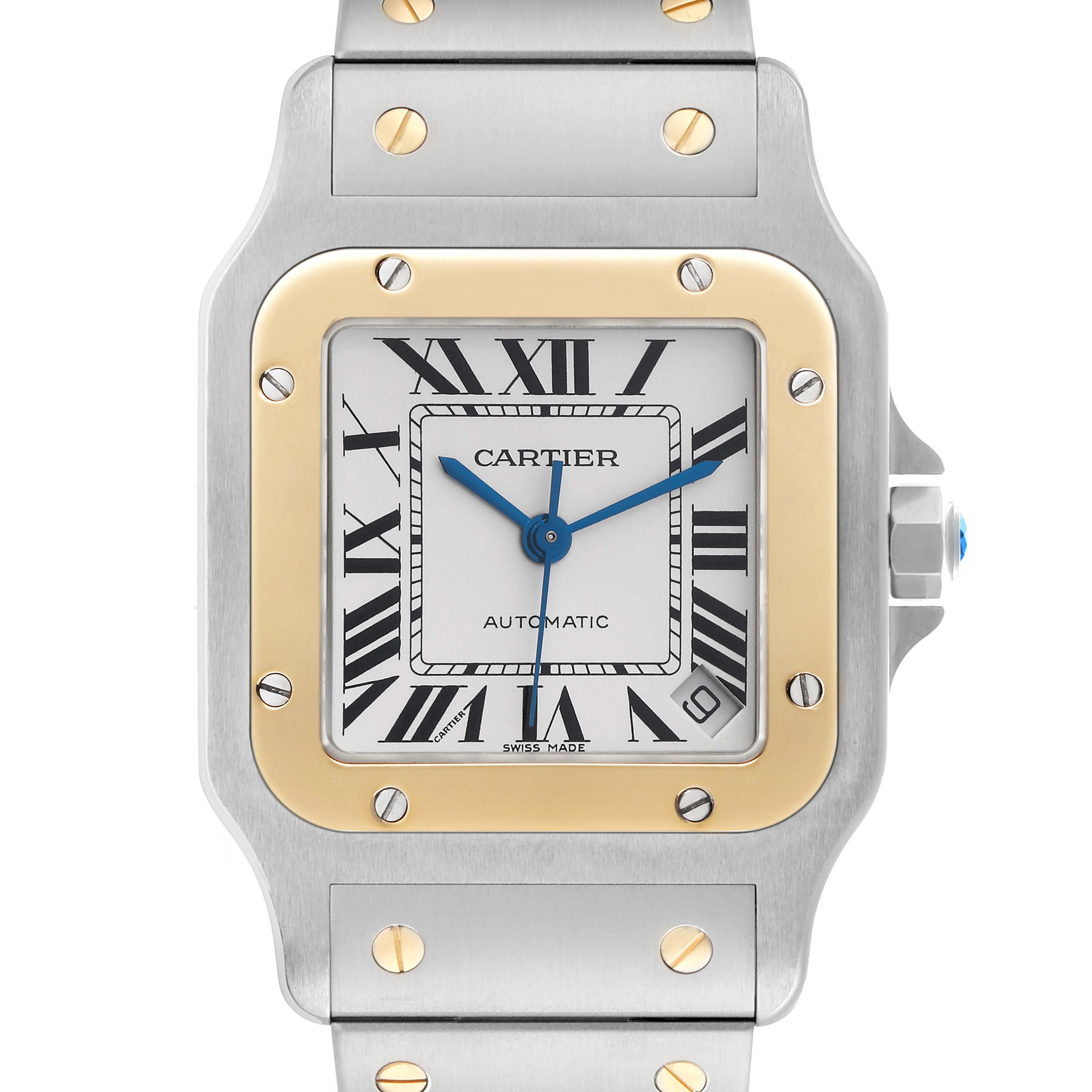 The Cartier Santos W20099C4 Men
s Steel and Gold (two tone) Silver Dial watch is shown from the front, featuring the dial, bezel, and part of the bracelet.