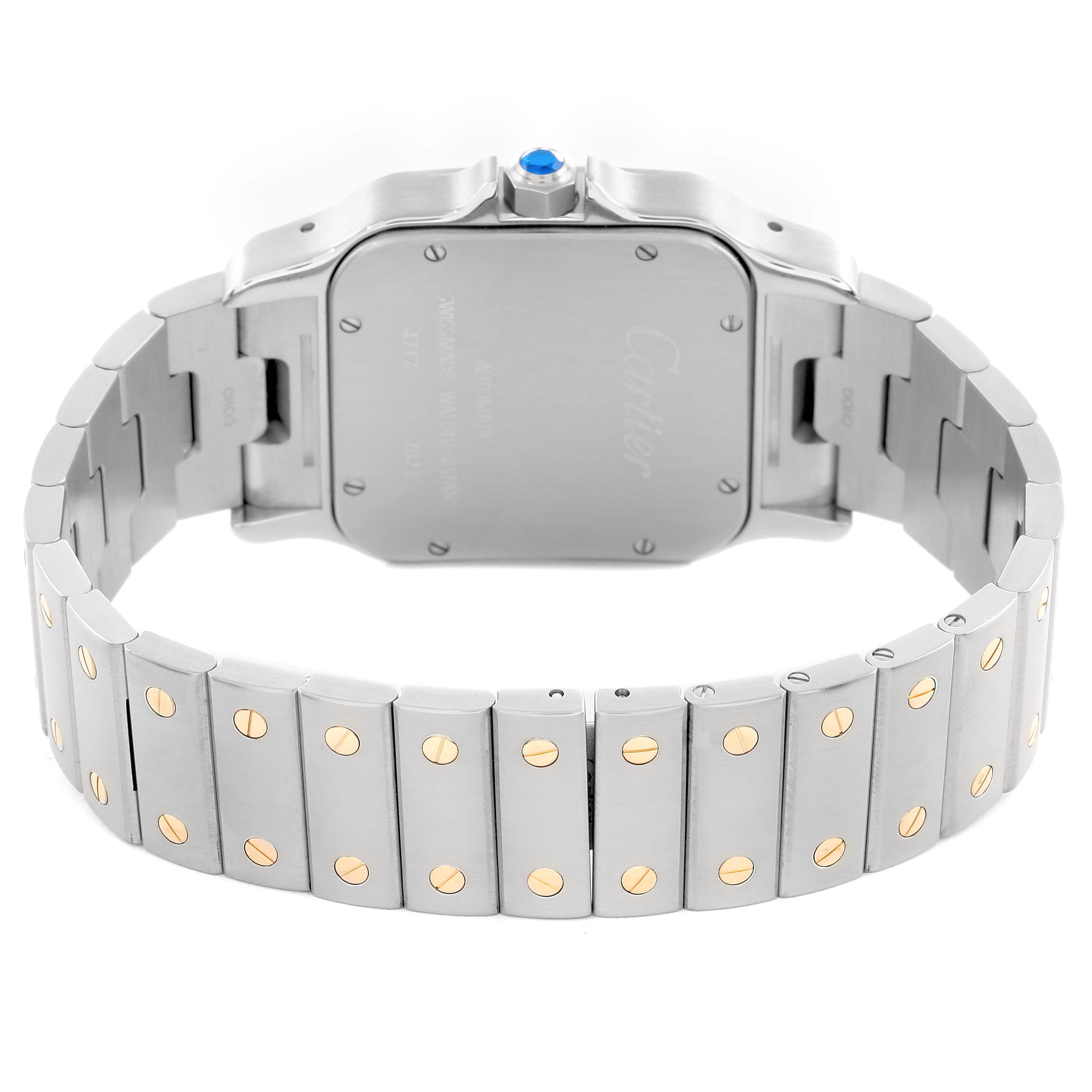 The image shows the back of a Cartier Santos W20099C4 Men
s Steel and Gold (two tone) Silver Dial watch, highlighting the case back, bracelet, and signature screws.
