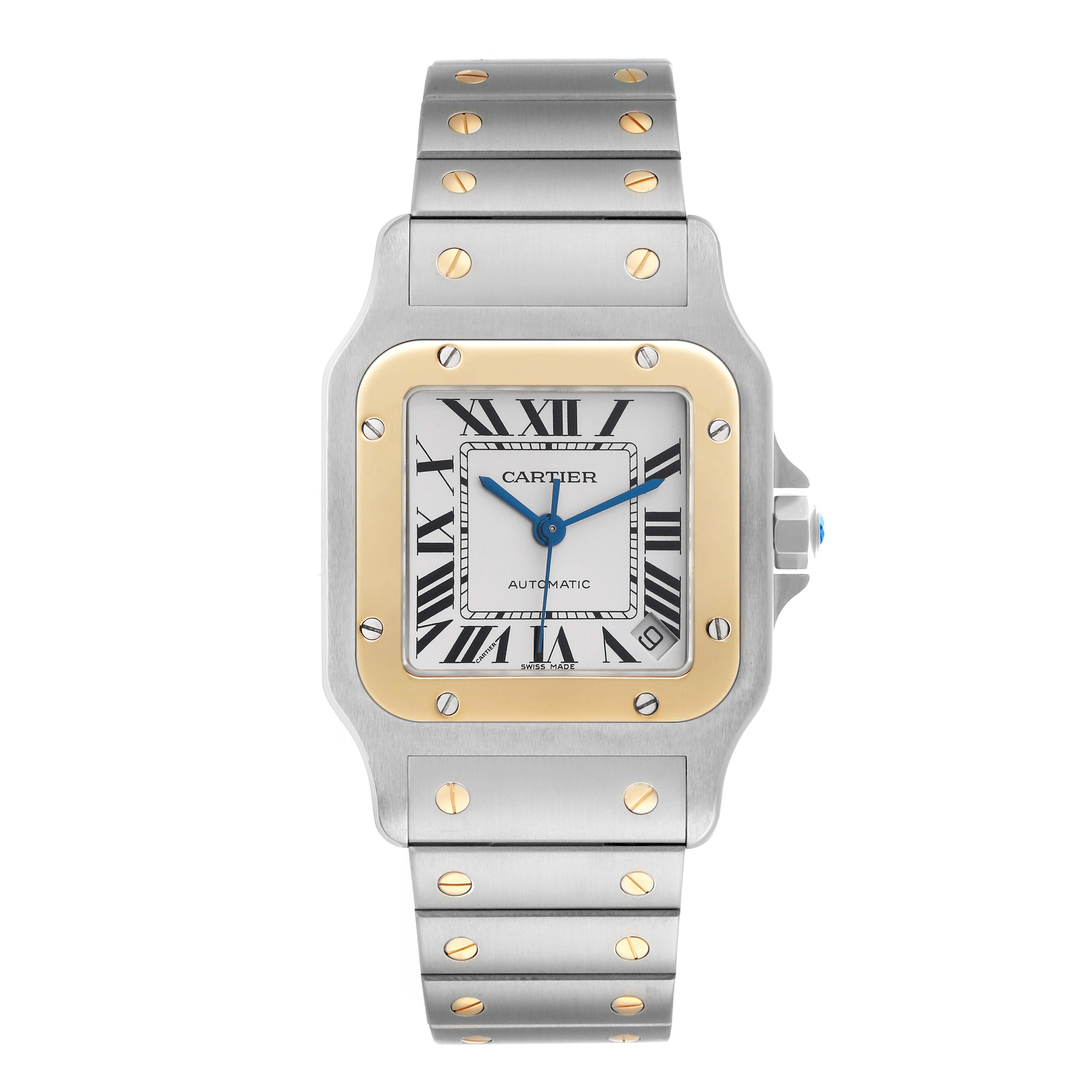 The Cartier Santos W20099C4 Men
s Steel and Gold (two tone) Silver Dial watch is shown from a front view, displaying its face, bezel, crown, and bracelet.