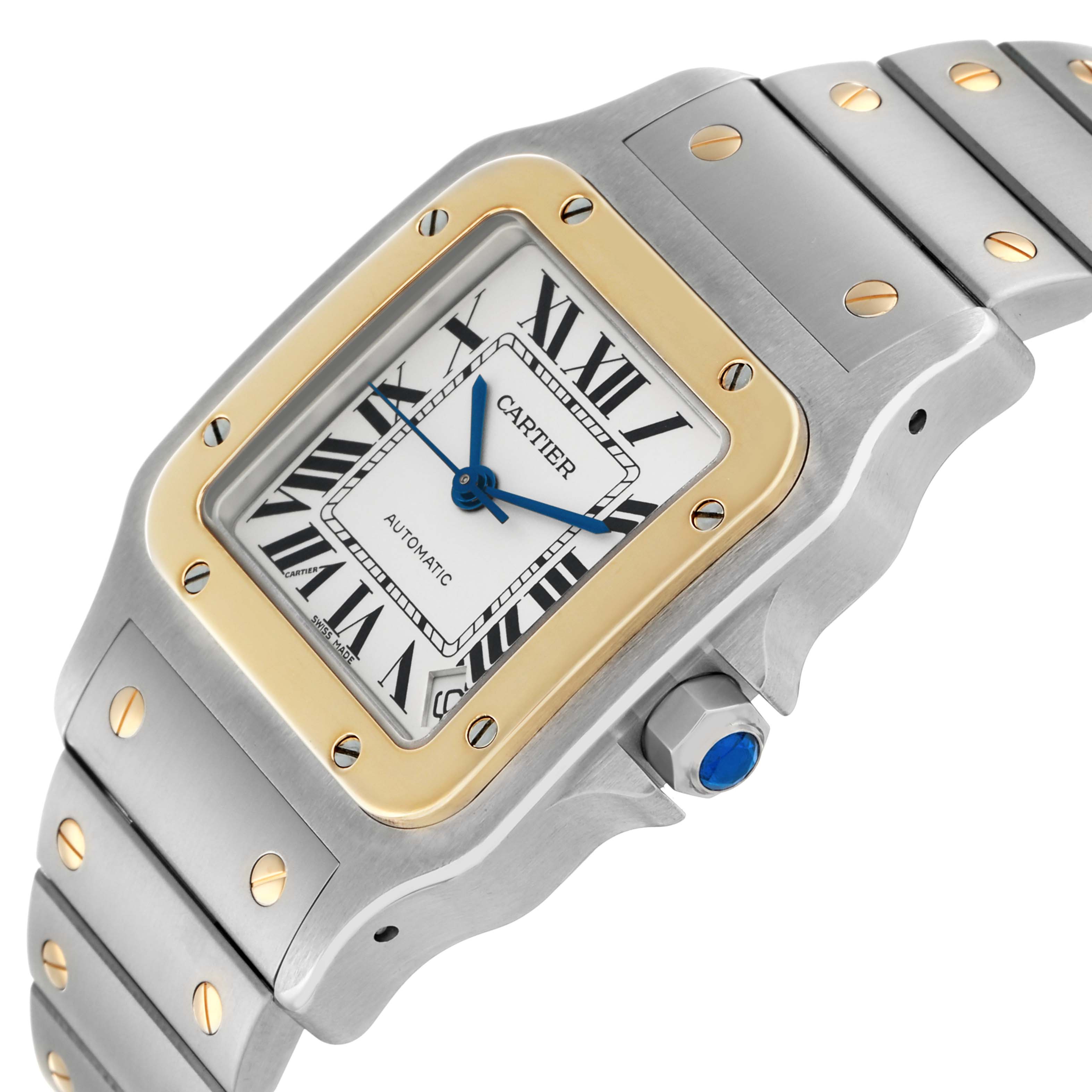 The Santos model by Cartier is shown from an angled perspective, highlighting the face, bezel, crown, and bracelet.