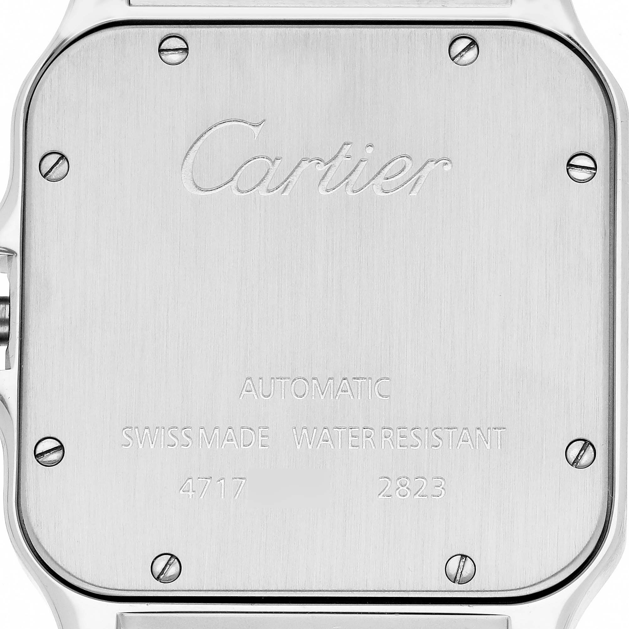 The image shows the back case of a Cartier Santos W20099C4 Men
s Steel and Gold (two tone) Silver Dial watch, featuring the brand name and specifications.