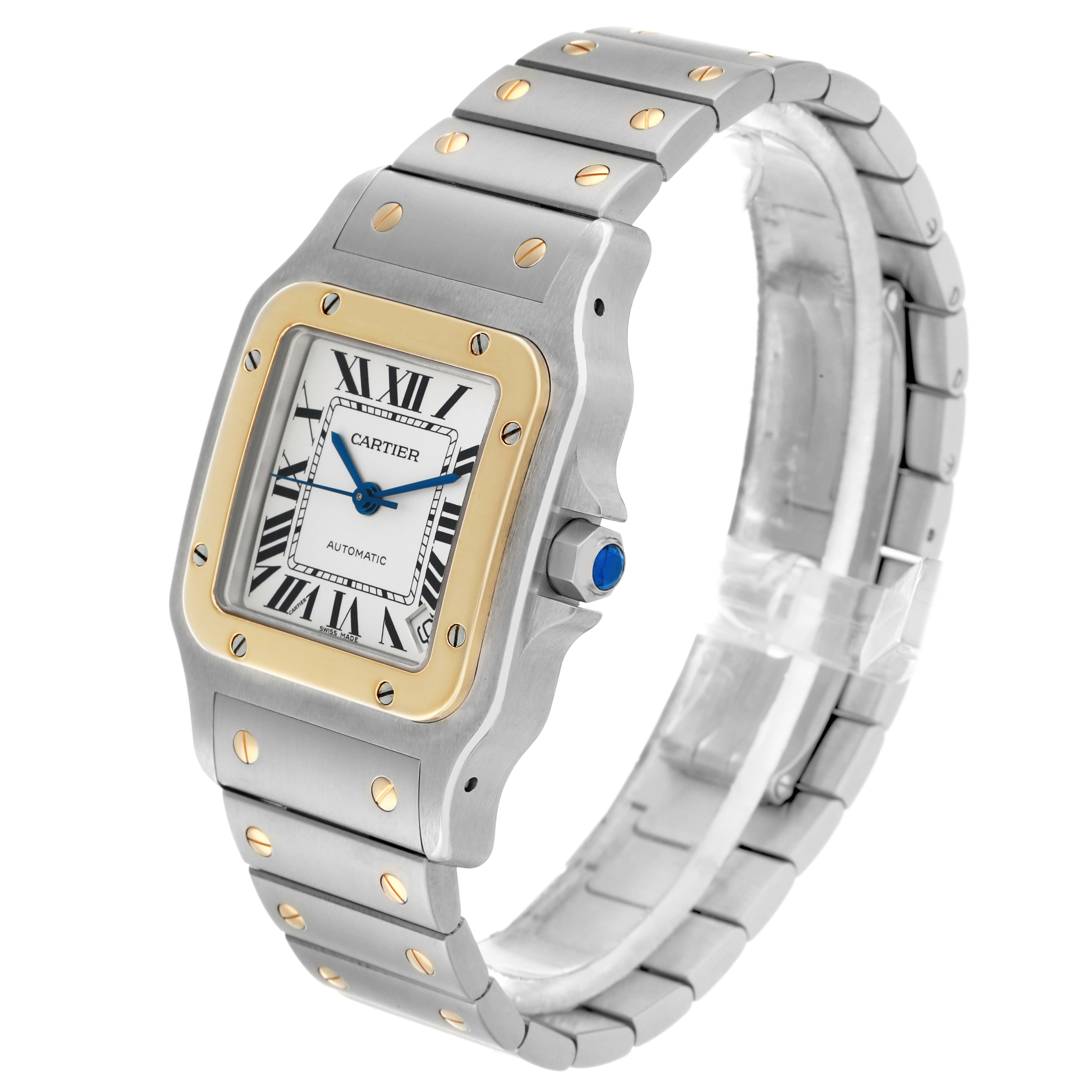 The Cartier Santos W20099C4 Men
s Steel and Gold (two tone) Silver Dial watch is shown at a three-quarter angle, highlighting its face, bezel, crown, and bracelet.