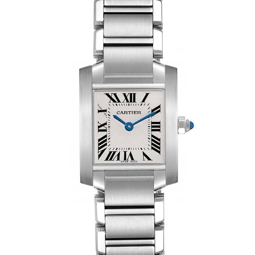 The image shows a frontal view of the Cartier Tank Francaise watch, displaying its face, bracelet, and crown.