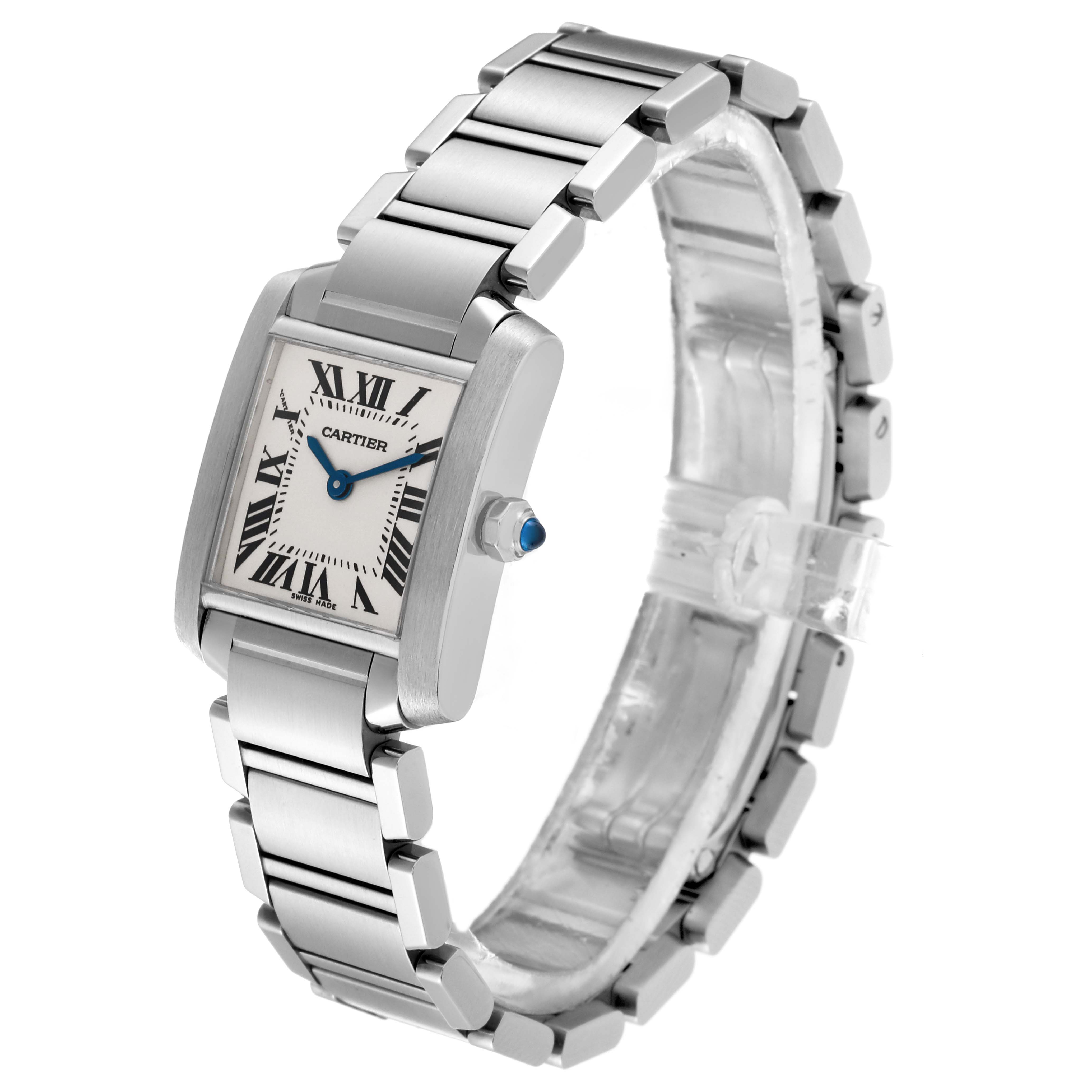 The image shows a Cartier Tank Francaise W51008Q3 Women's Stainless Steel Silver Dial W51008Q3 Women's Stainless Steel Silver Dial watch at a slight side angle, highlighting its rectangular case and metal bracelet.