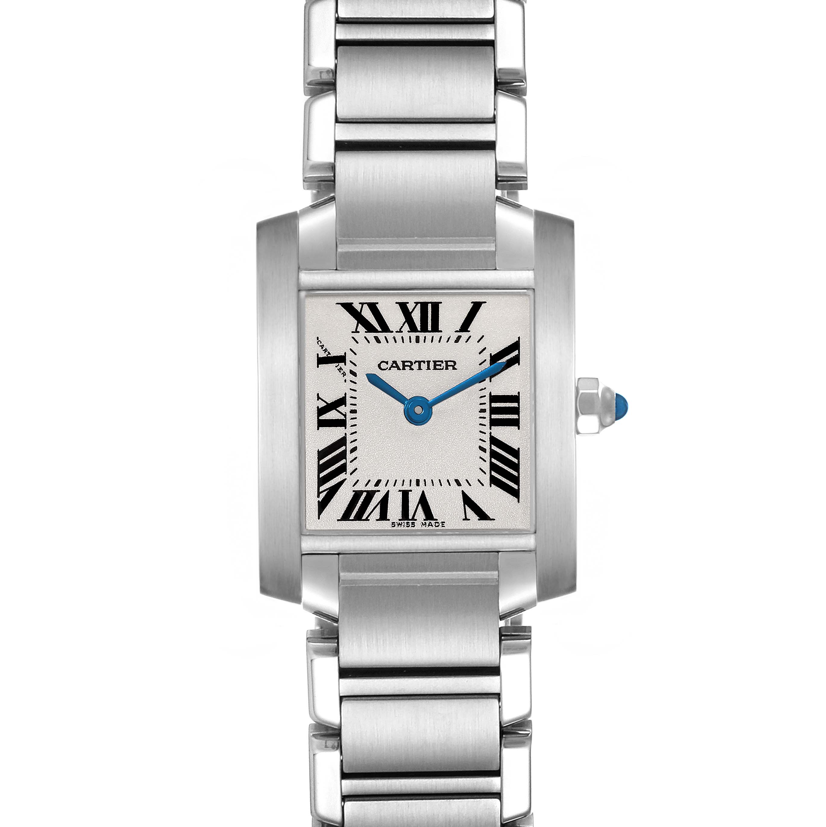 The image shows a front view of the Cartier Tank Francaise W51008Q3 Women's Stainless Steel Silver Dial W51008Q3 Women's Stainless Steel Silver Dial watch, highlighting its rectangular dial, Roman numerals, and metal bracelet.