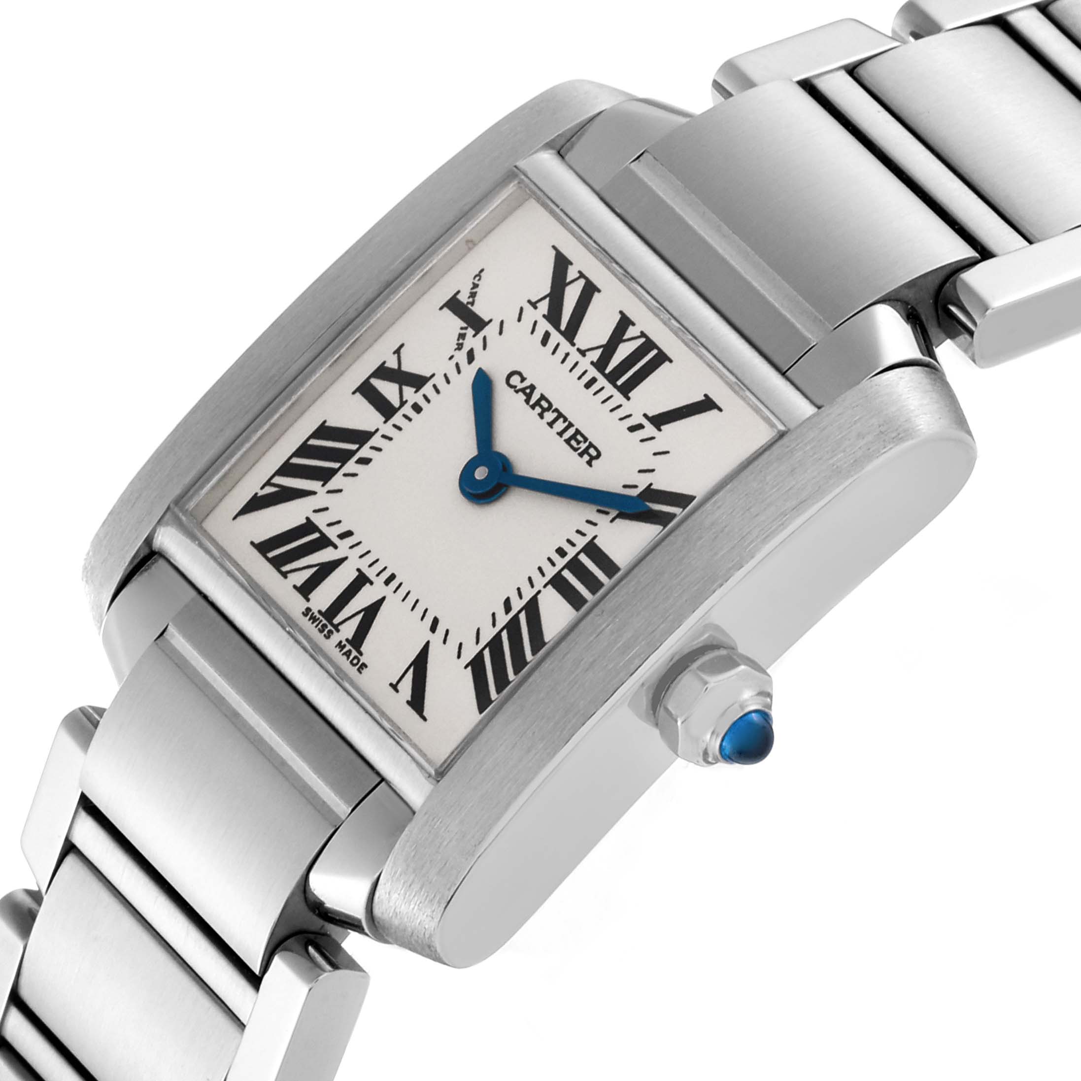 The image shows a close-up angled view of the Cartier Tank Francaise W51008Q3 Women's Stainless Steel Silver Dial W51008Q3 Women's Stainless Steel Silver Dial watch, highlighting the face, crown, and part of the metal bracelet.