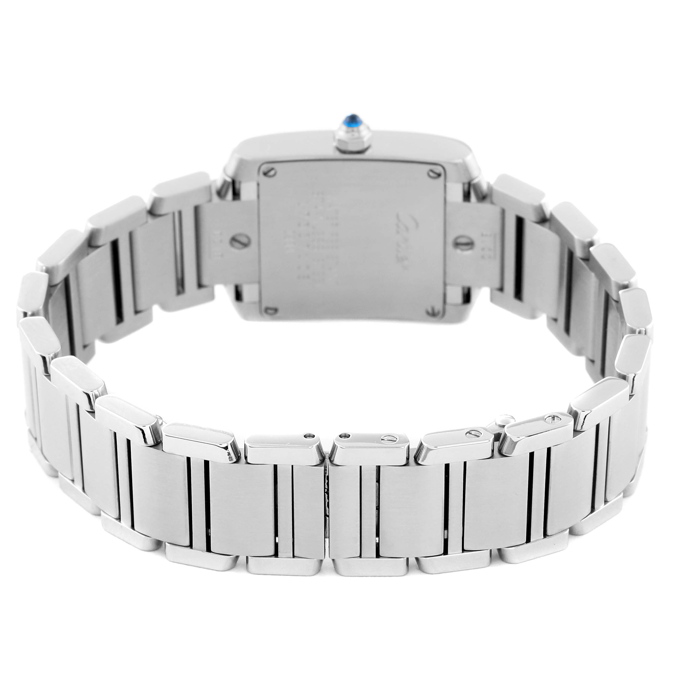 The image shows the back view of a Cartier Tank Francaise W51008Q3 Women's Stainless Steel Silver Dial W51008Q3 Women's Stainless Steel Silver Dial watch, highlighting its bracelet and case back.