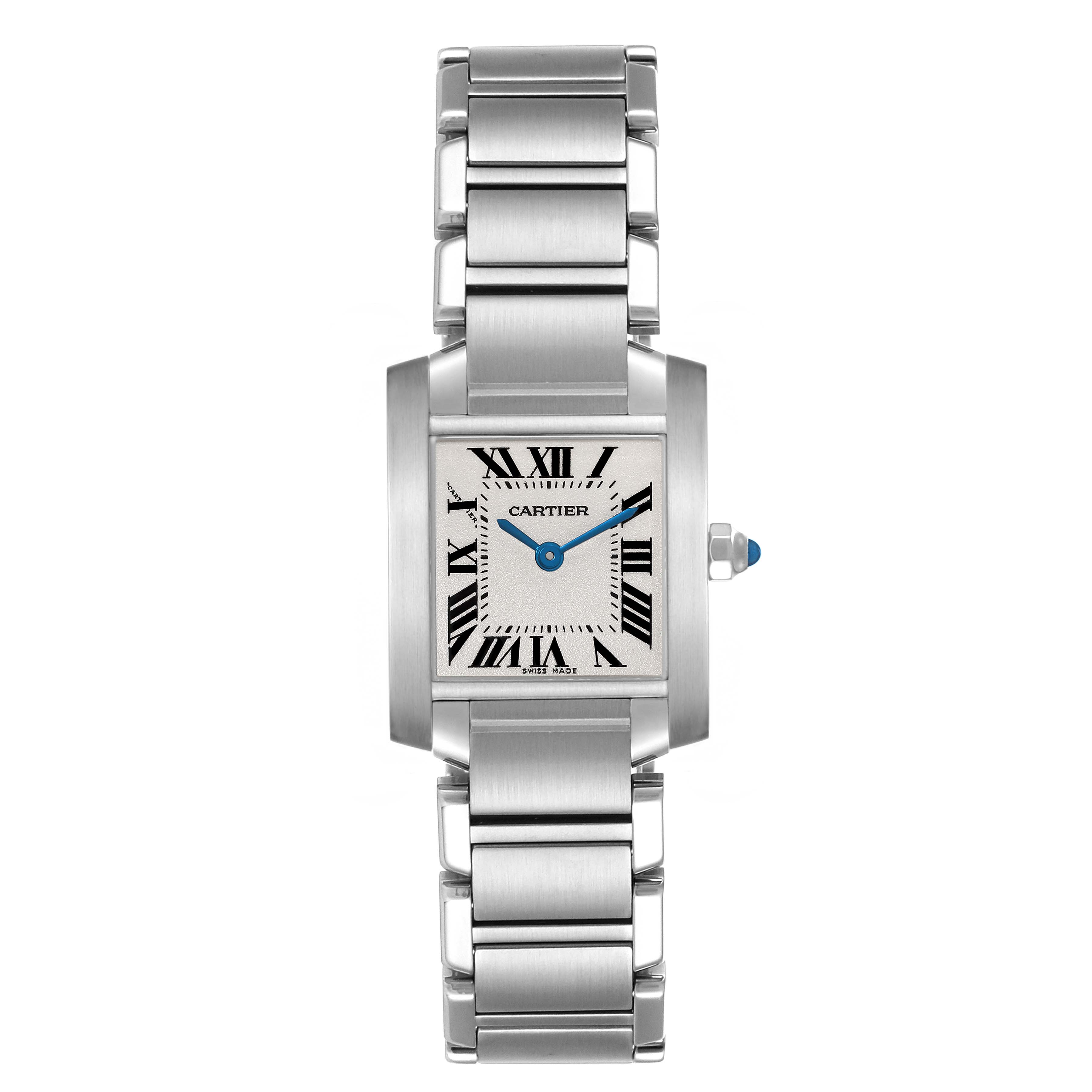 The image shows a frontal view of the Tank Française watch by Cartier, highlighting its silver bracelet and Roman numeral dial.