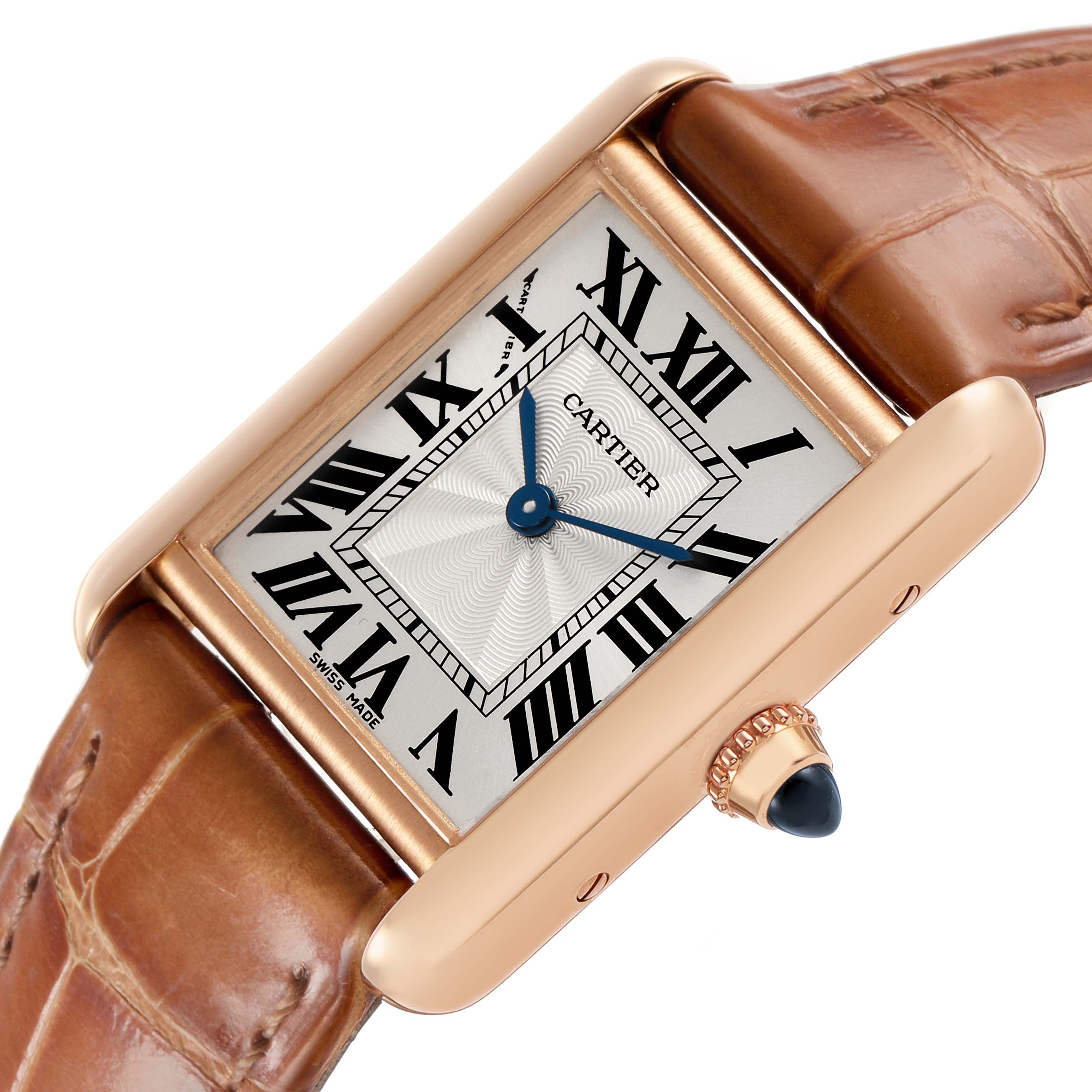 The Cartier Tank Louis WGTA0010 Women's Rose Gold Silver Dial watch is shown at an angled view displaying the rectangular face, Roman numerals, and leather strap.