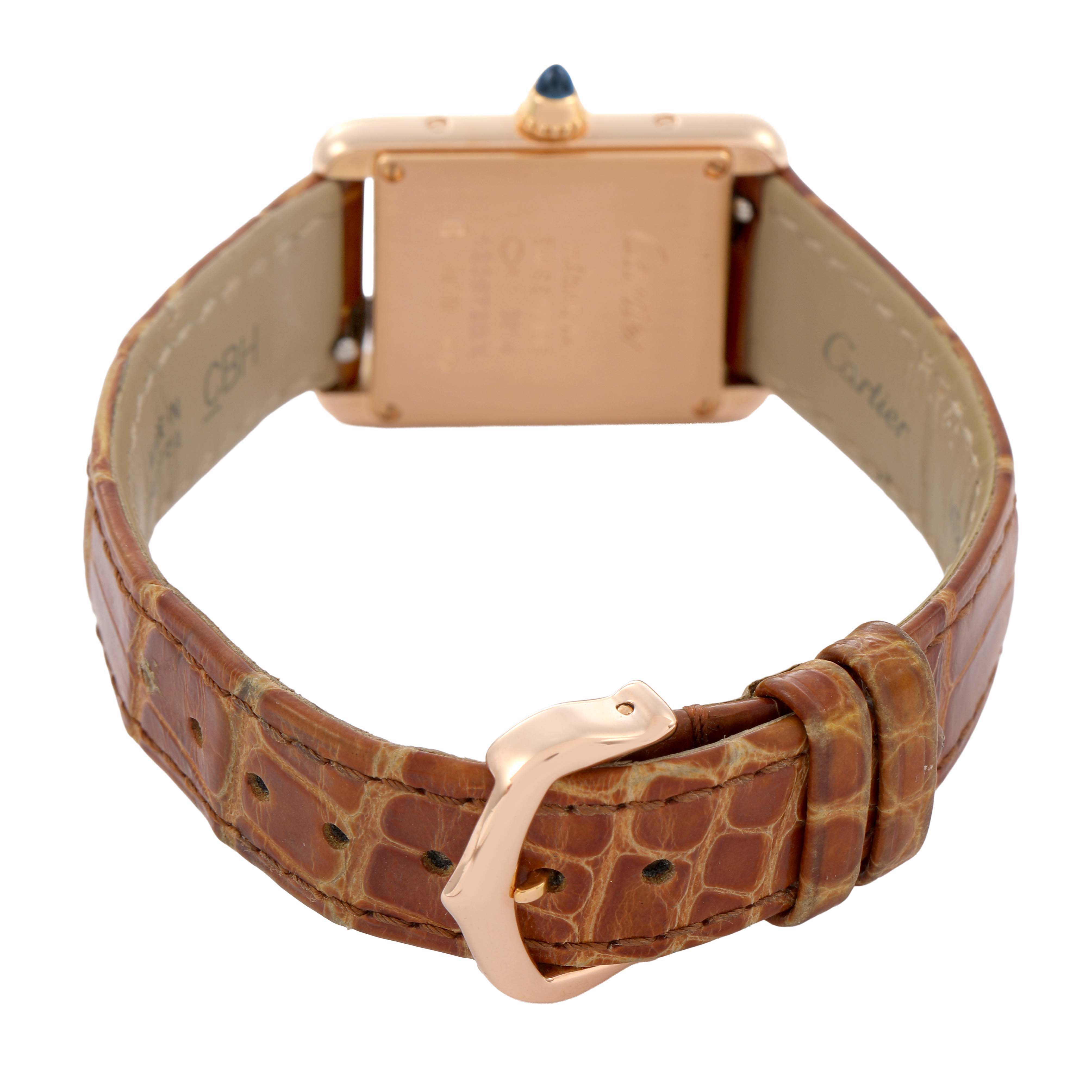 The image shows the back view of the Cartier Tank Louis WGTA0010 Women's Rose Gold Silver Dial watch, highlighting its case, leather strap, and buckle.