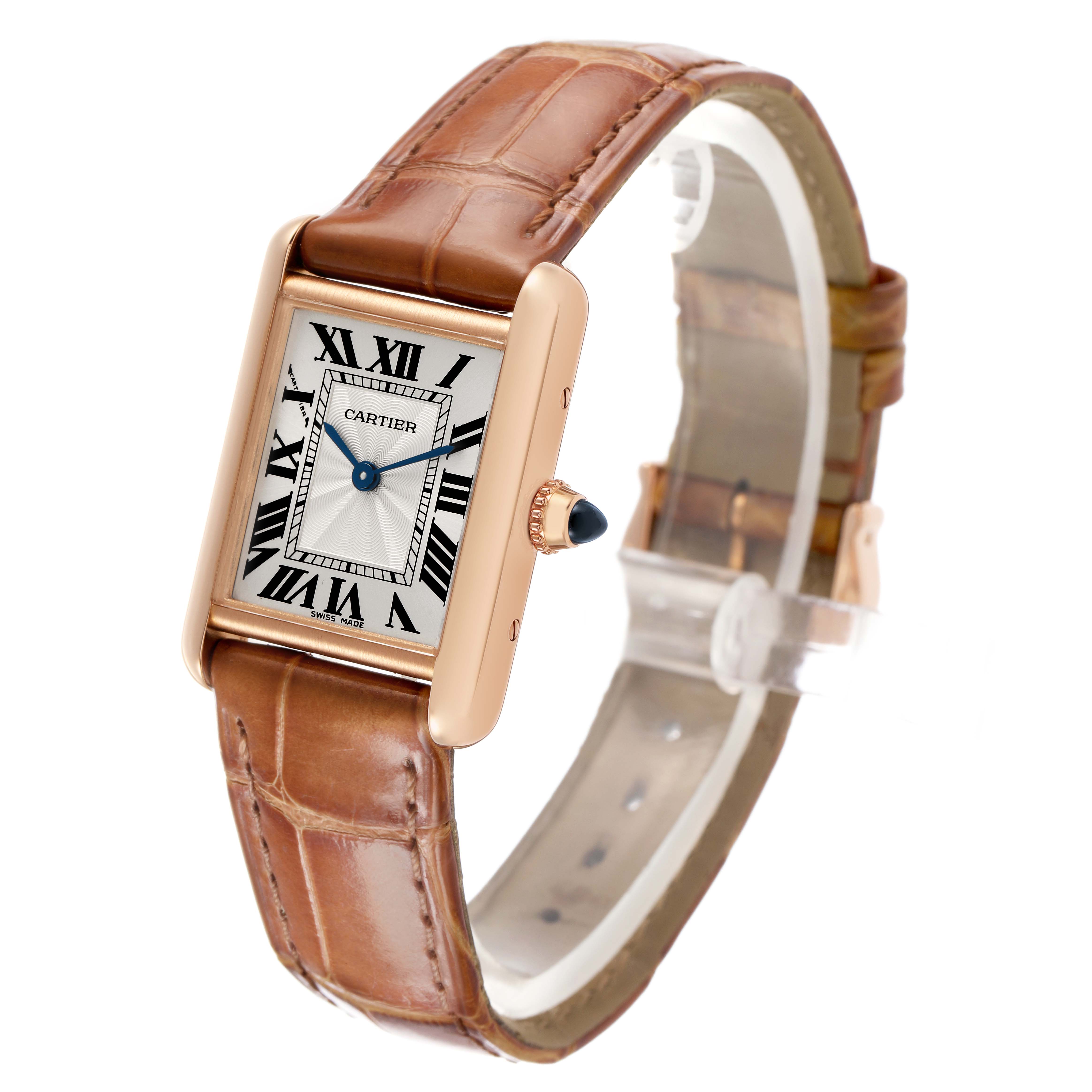 The Cartier Tank Louis WGTA0010 Women's Rose Gold Silver Dial watch is shown at a three-quarter angle, highlighting the face, crown, and brown leather strap.
