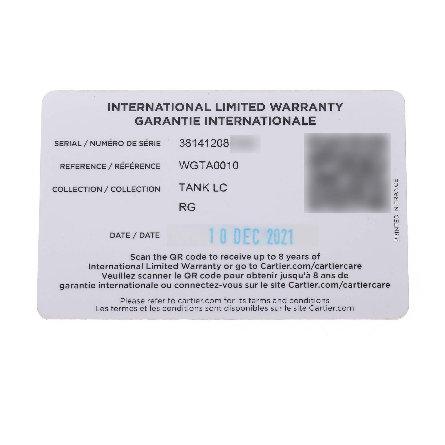 The image shows an International Limited Warranty card for the Cartier Tank Louis WGTA0010 Women's Rose Gold Silver Dial model.