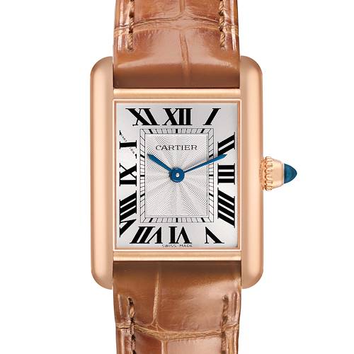 The Cartier Tank Louis WGTA0010 Women's Rose Gold Silver Dial watch is shown from the front, displaying its rectangular case, leather strap, and Roman numeral dial.