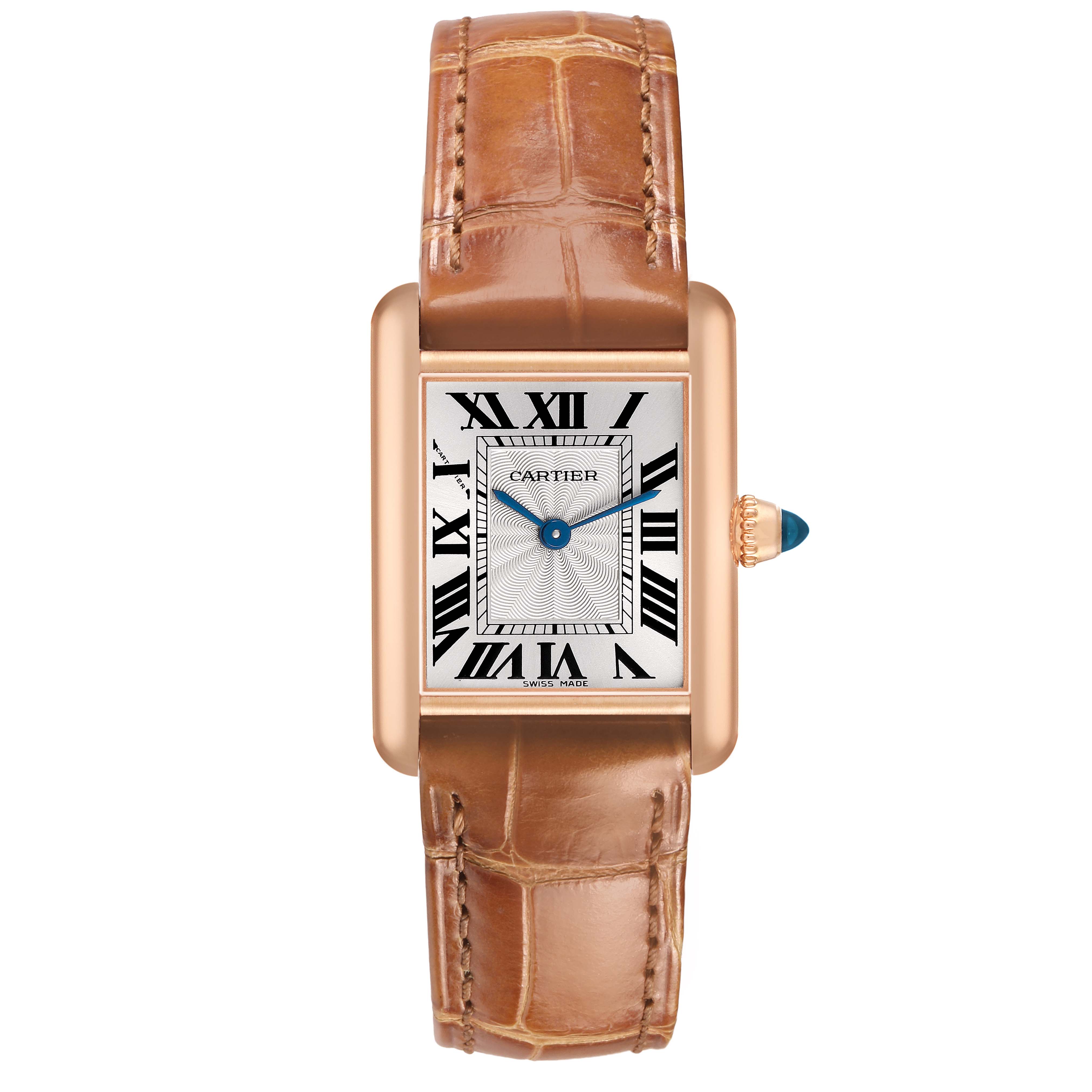 The Cartier Tank Louis WGTA0010 Women's Rose Gold Silver Dial watch is shown from the front, featuring a rectangular dial, Roman numerals, blue hands, and a leather strap.