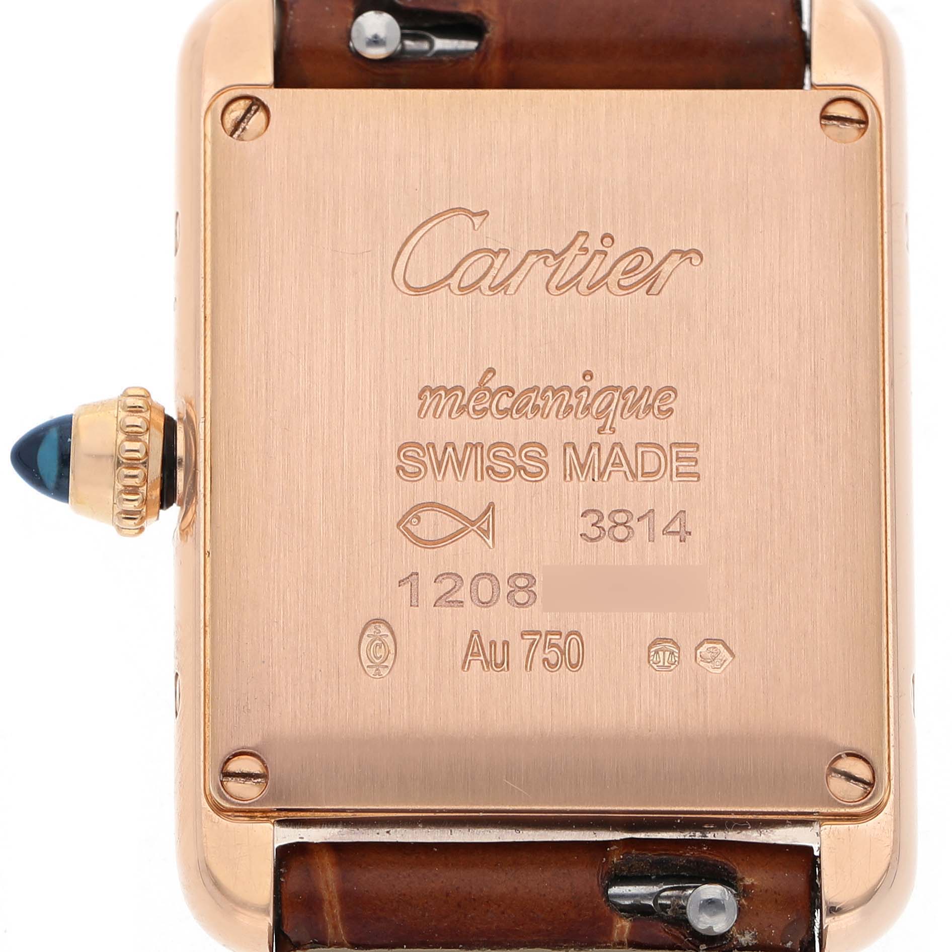 The image shows the back case of a Cartier Tank Louis WGTA0010 Women's Rose Gold Silver Dial watch, highlighting the engravings and crown.