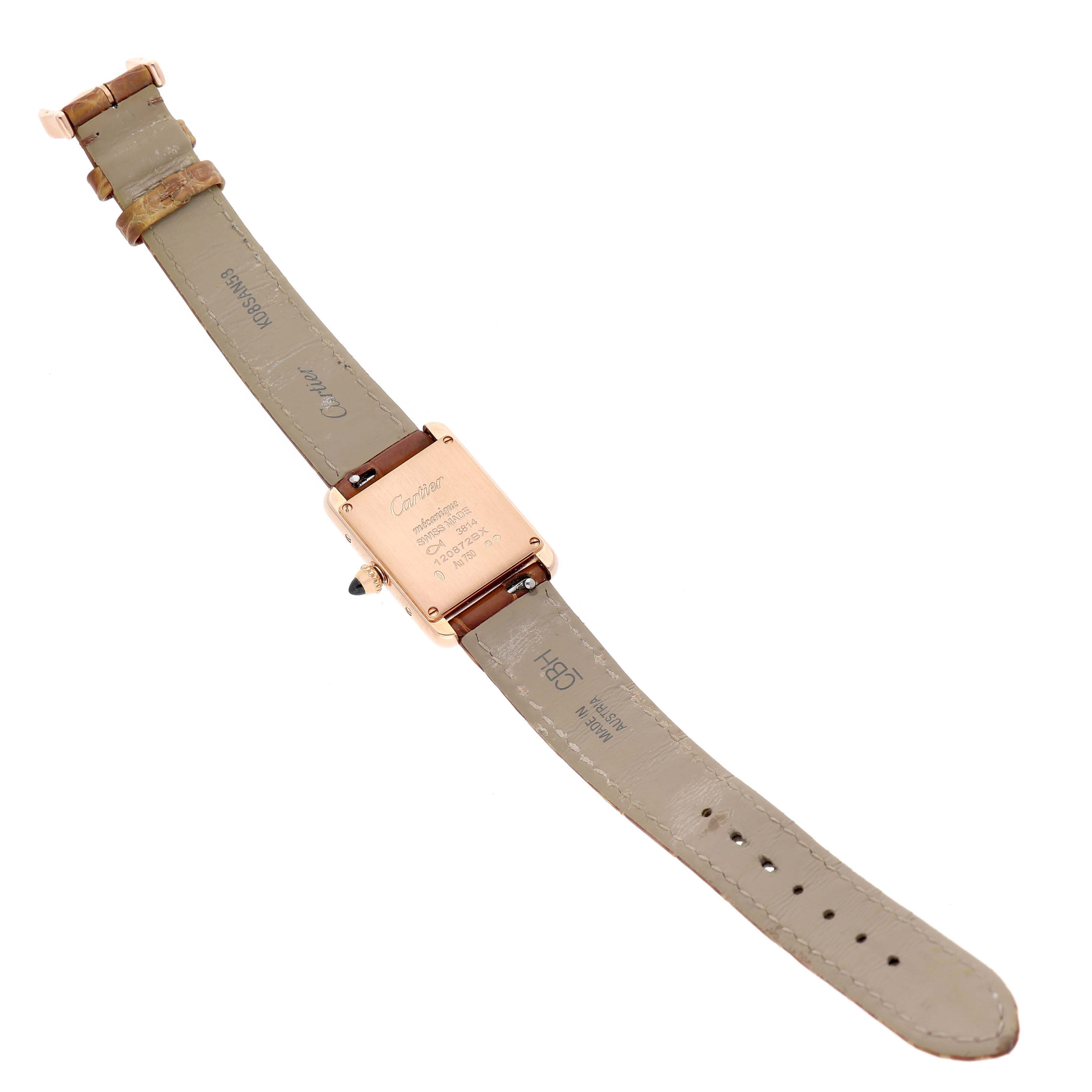 The image shows the back of the Cartier Tank Louis WGTA0010 Women's Rose Gold Silver Dial watch, highlighting the case back and strap details.