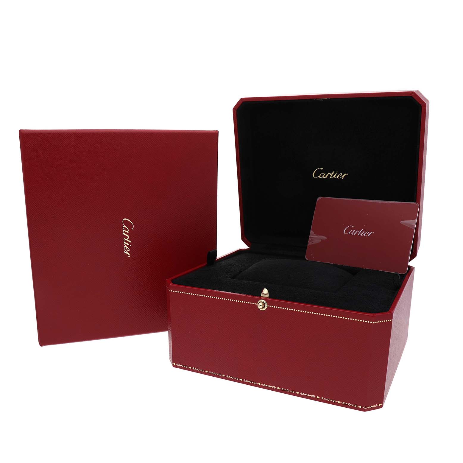 The image shows a red Cartier box for the Tank Louis watch model, open with a matching card inside.