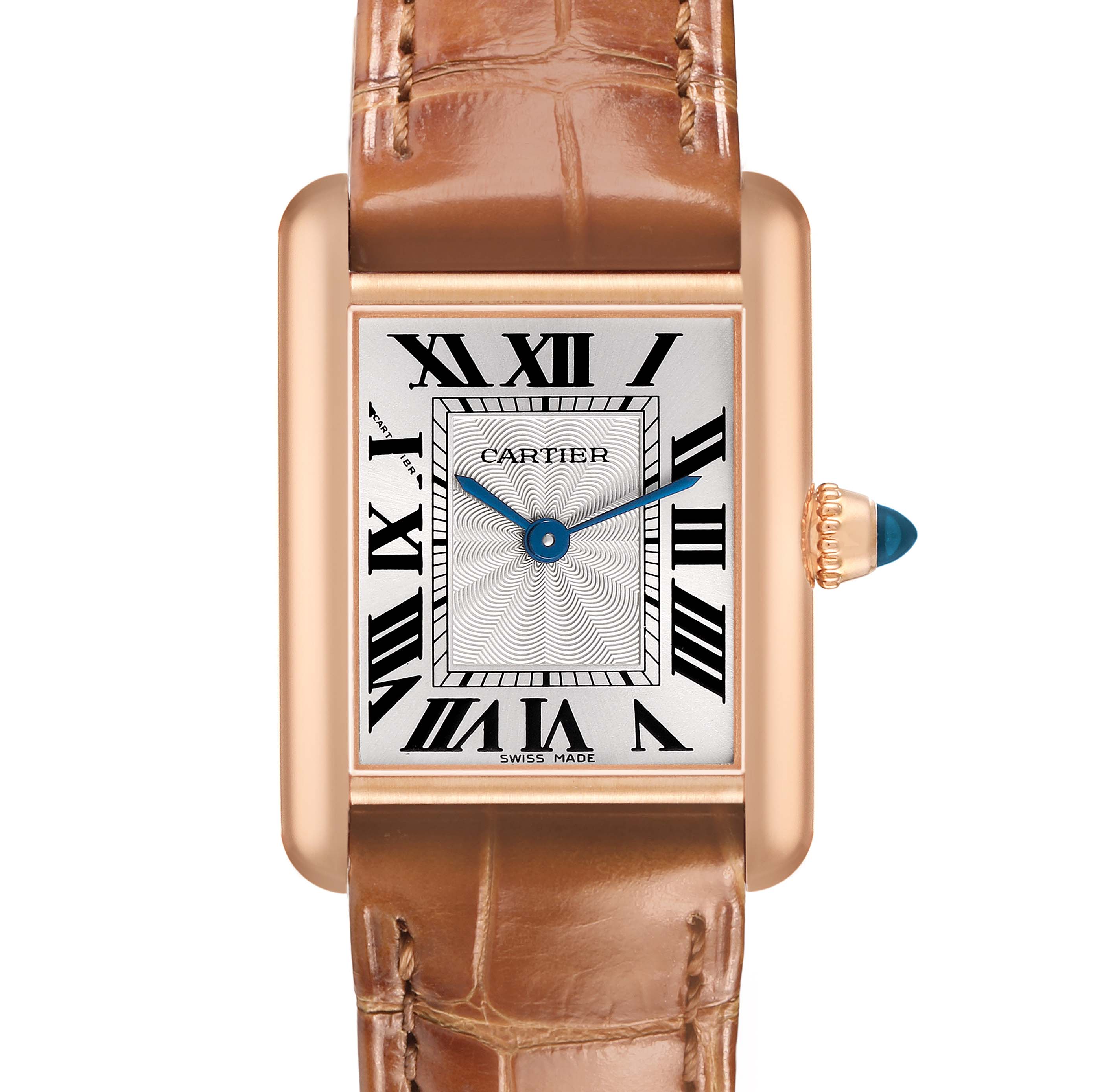 The image shows a frontal view of the Cartier Tank Louis WGTA0010 Women's Rose Gold Silver Dial watch, highlighting its rectangular case, Roman numerals, and leather strap.