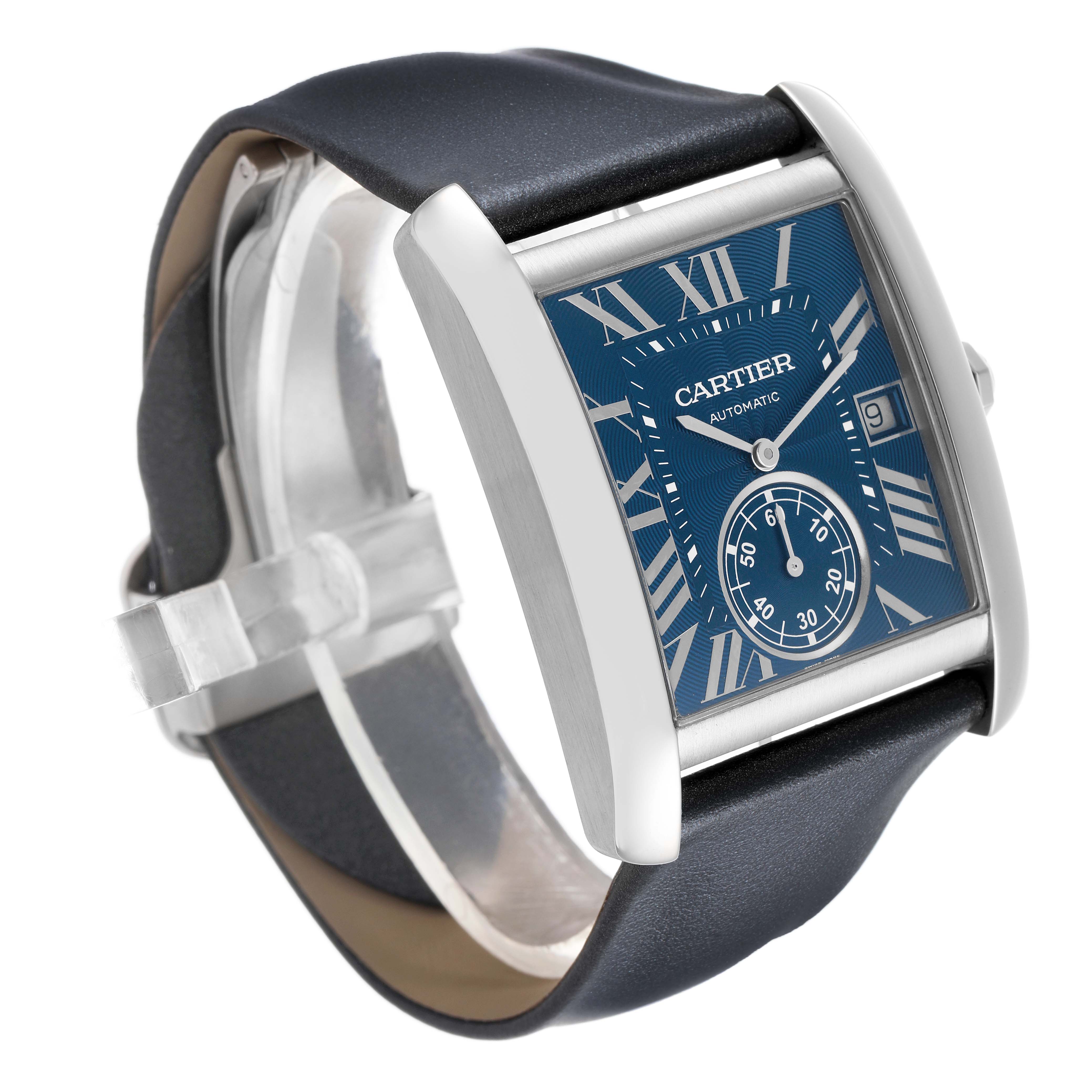 The Cartier Tank MC WSTA0010 Men's Stainless Steel Blue Dial watch is shown at an angled side view, highlighting its blue dial, silver case, and leather strap.