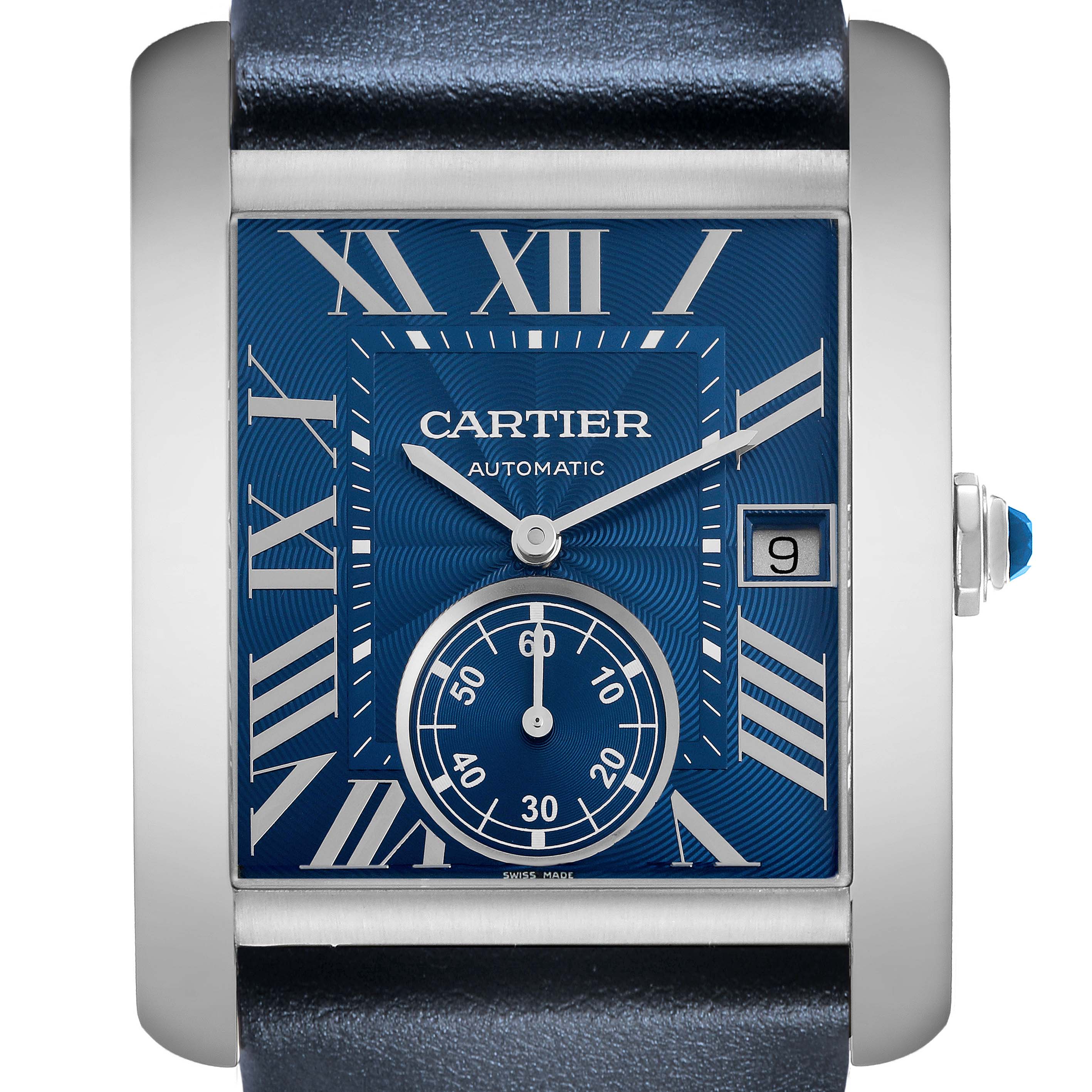 The Cartier Tank MC WSTA0010 Men's Stainless Steel Blue Dial watch is shown from the front, displaying the dial, Roman numerals, hands, date window, and crown.